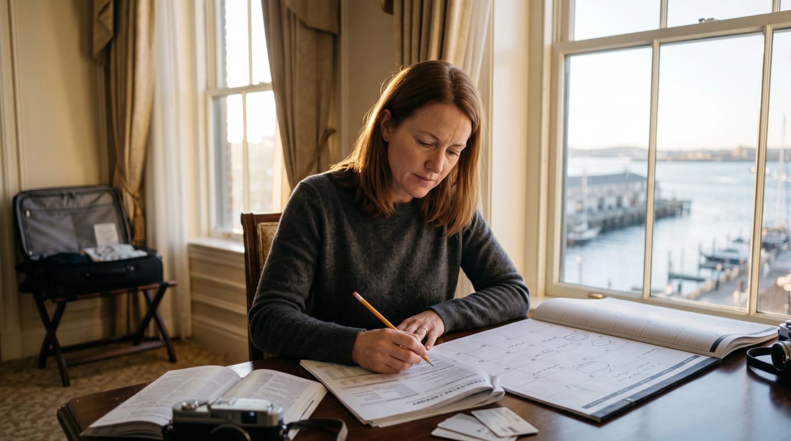 A traveler at a hotel suite desk with printed credit reports and a 24-month calendar