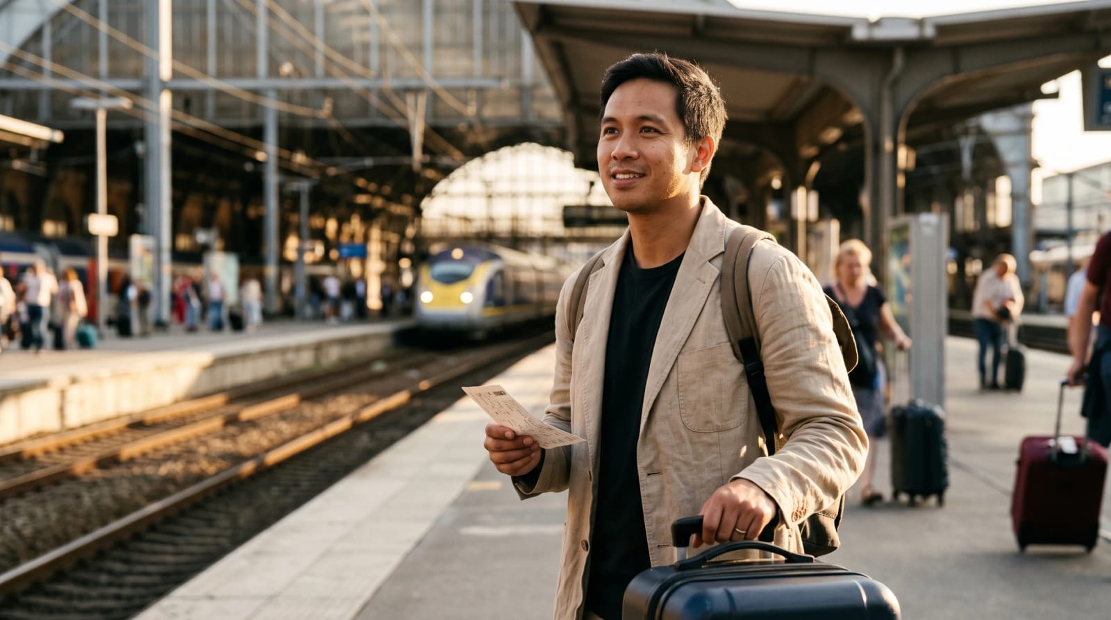 Traveler on Brussels-Midi Eurostar platform with paper ticket and carry-on in golden-hour light