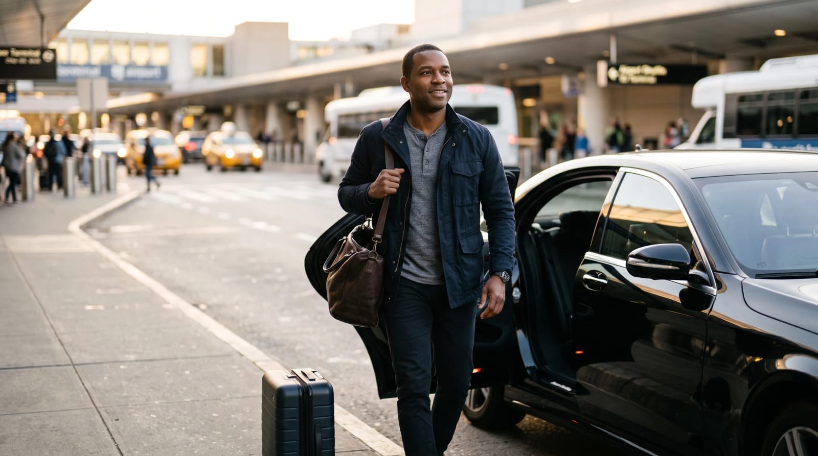 Traveler with leather tote stepping from black car at airport curbside