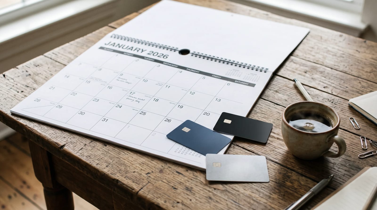Credit cards and an open 2026 wall calendar on a wooden table