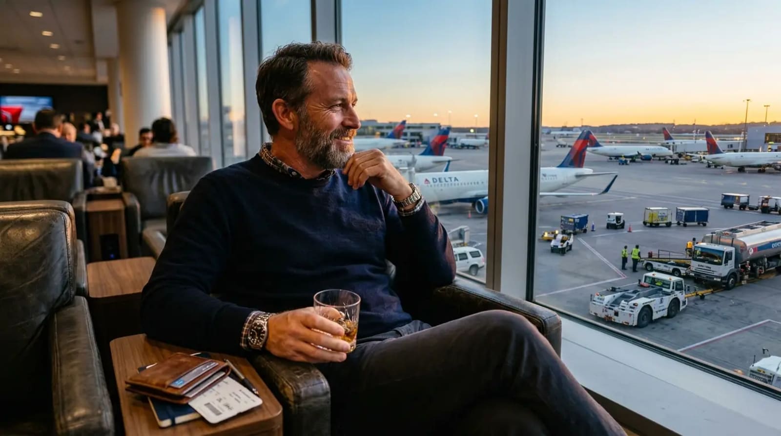 Traveler evaluating Delta SkyMiles Platinum card for frequent Delta travel in premium airport lounge