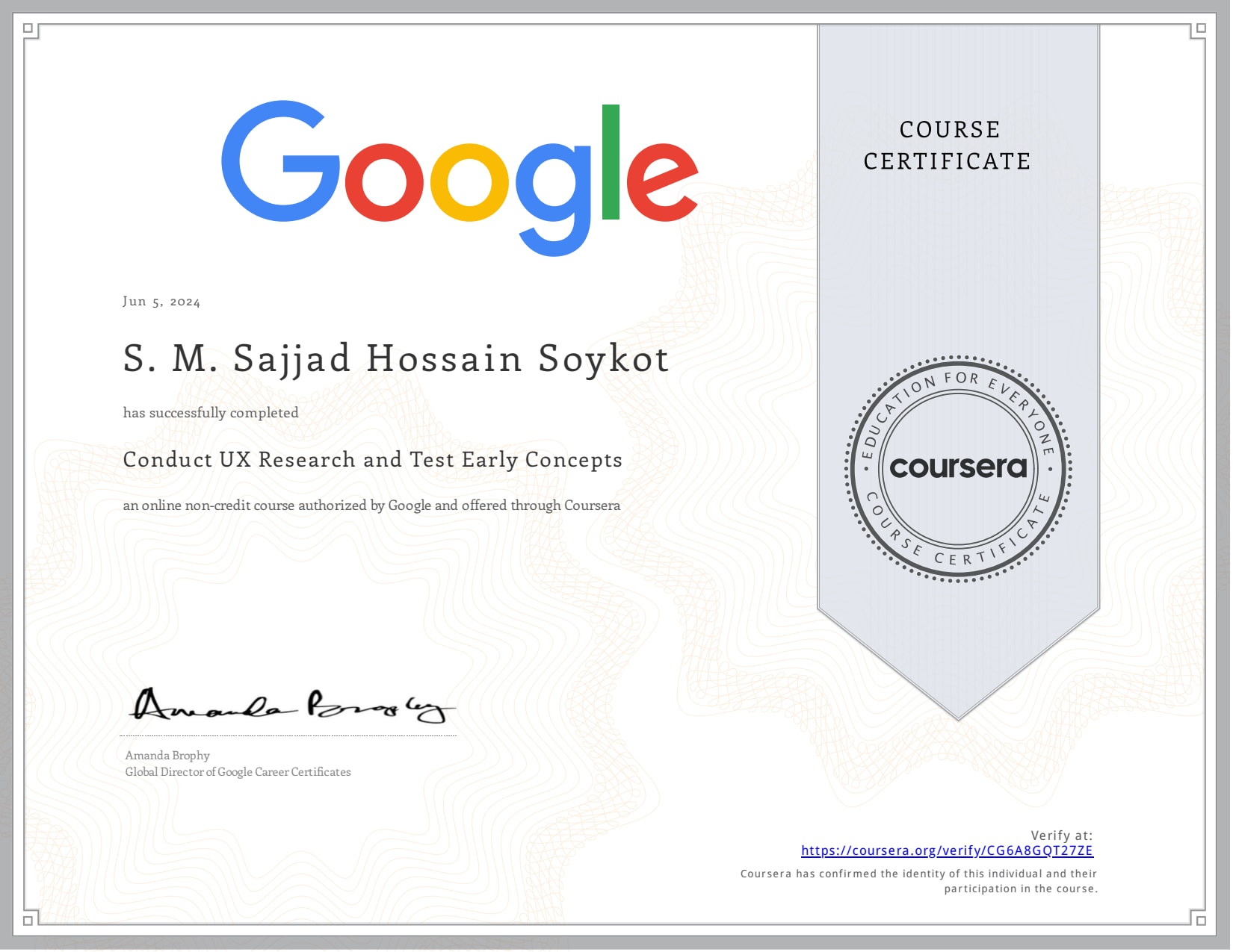 Conduct UX Research and Test Early Concepts certificate preview