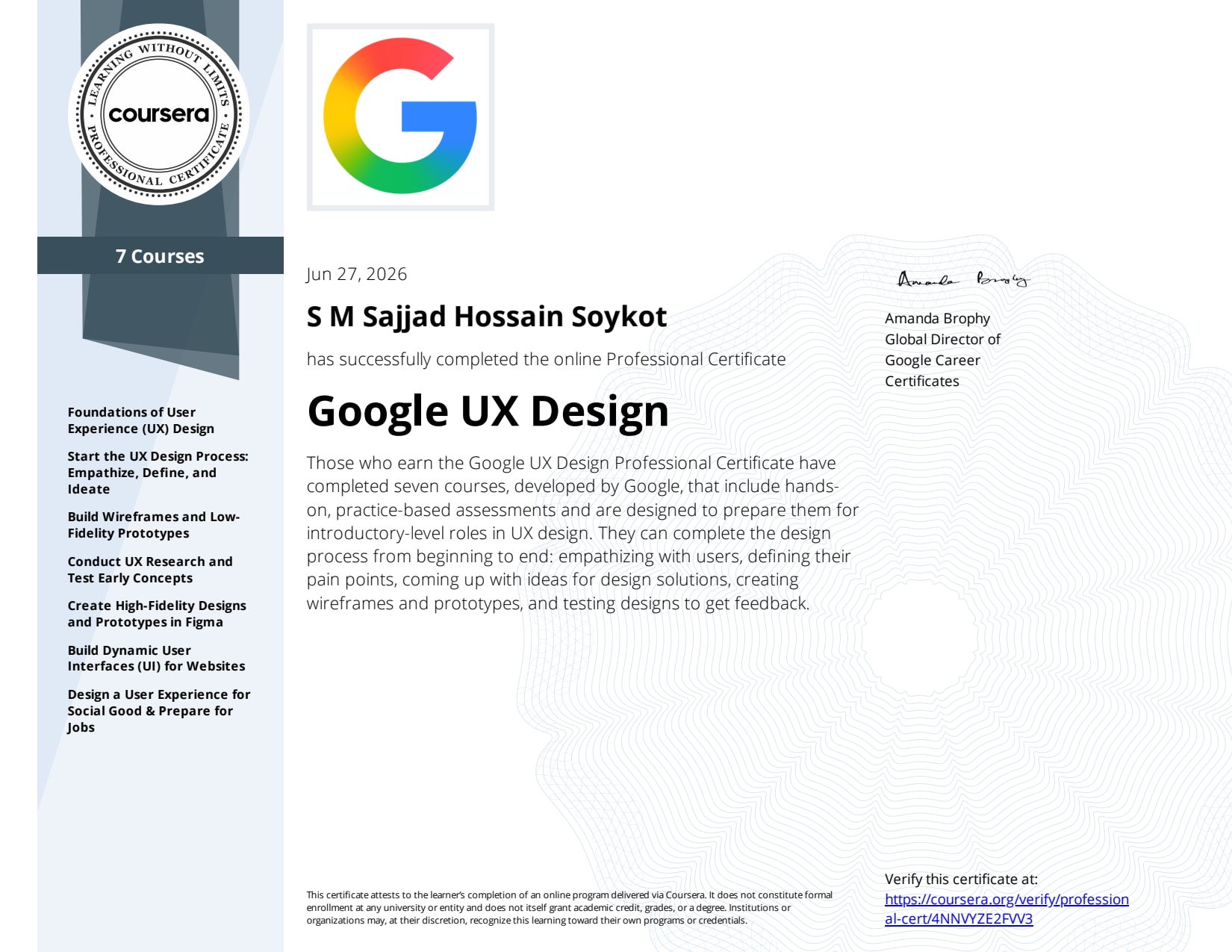 Google UX Design Professional Certificate certificate preview