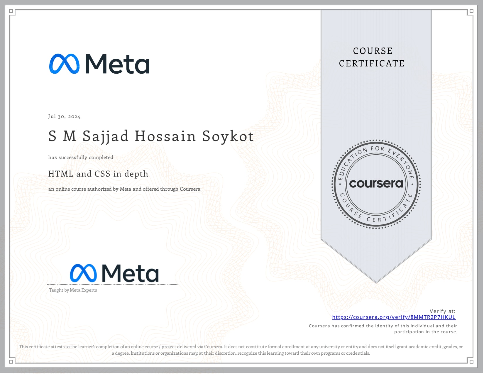 HTML and CSS in Depth certificate preview