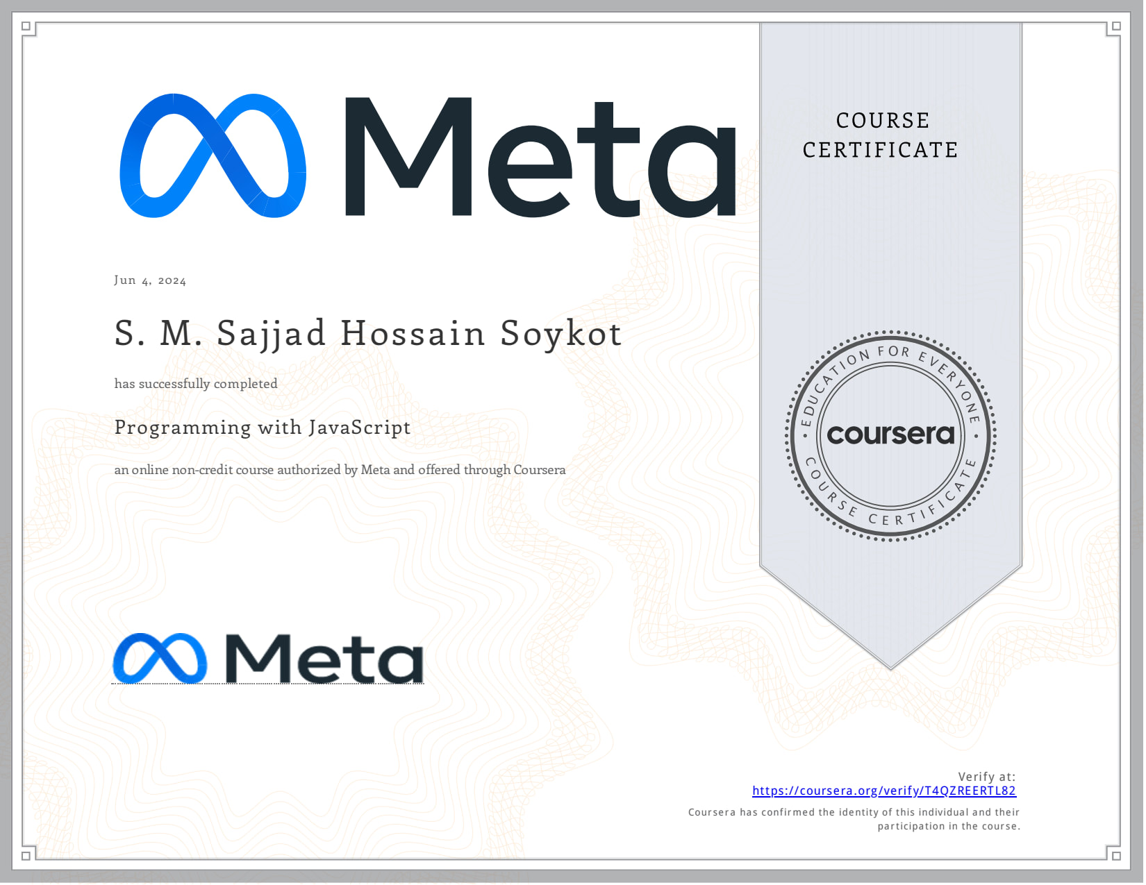 Programming with JavaScript certificate preview