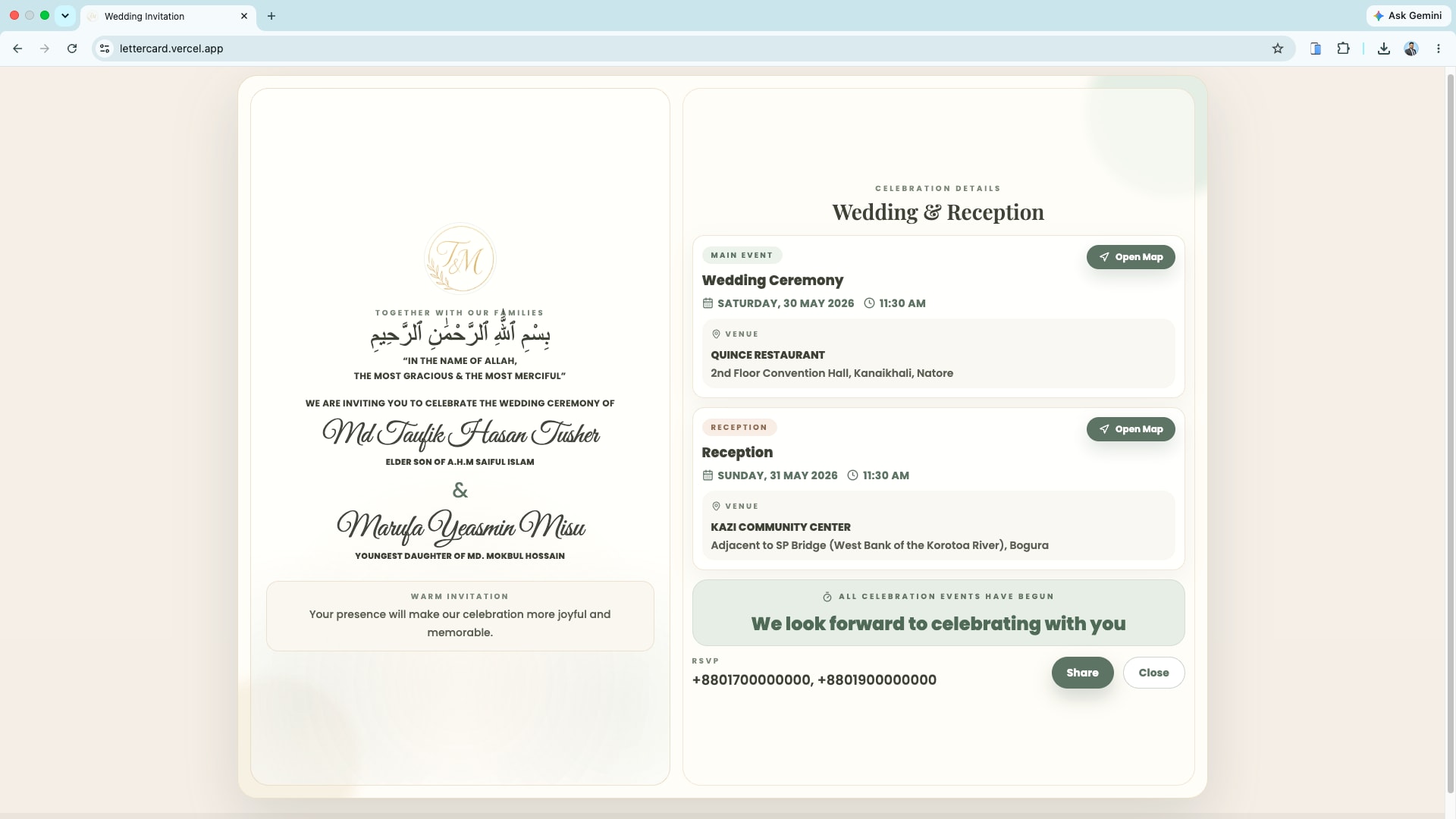Interactive invitation card desktop view