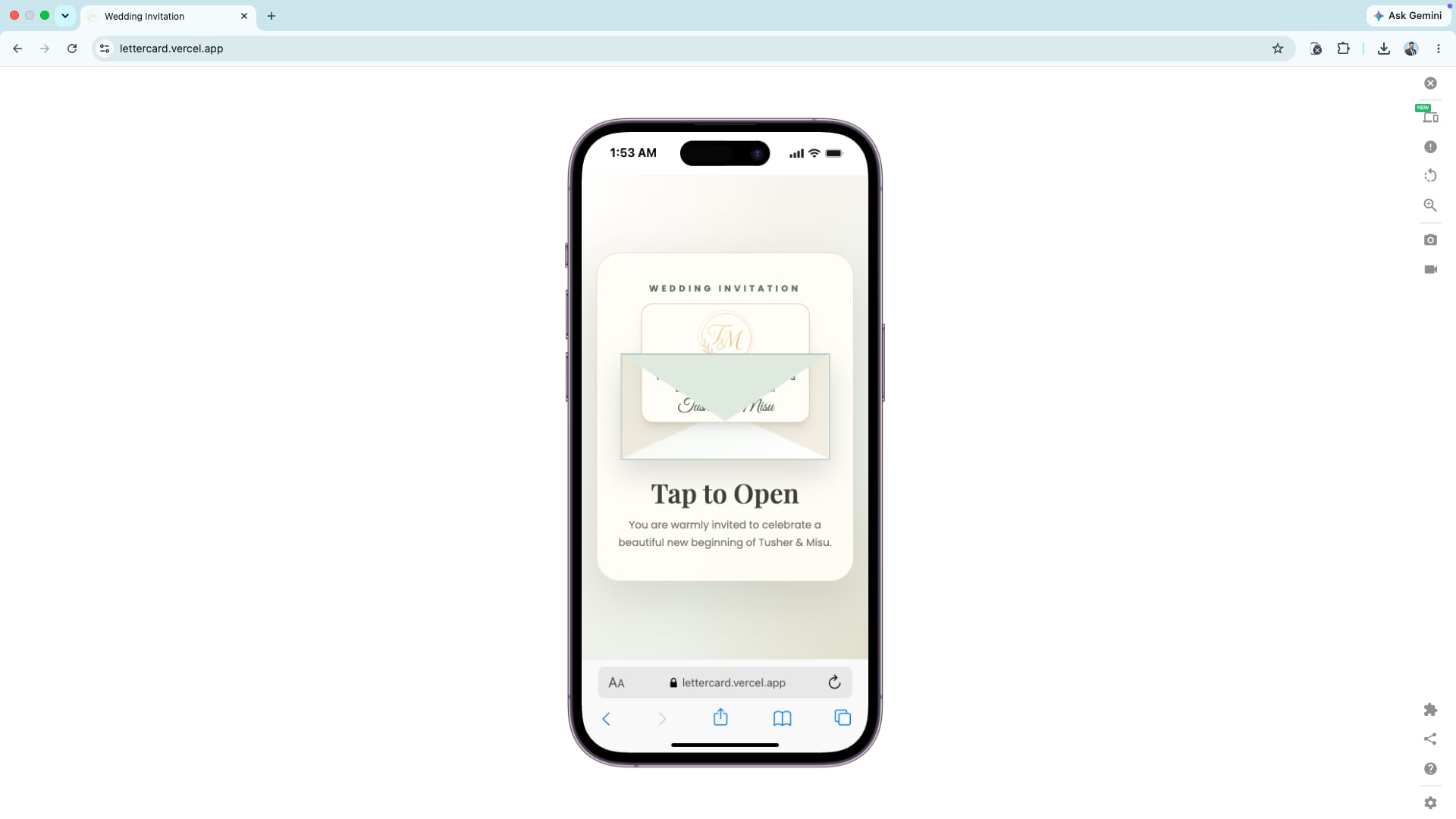 Interactive invitation envelope mobile view
