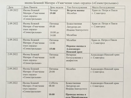 С 25 августа по 5 сентября 2022 года в Алтайской митрополии будет находиться чудотворная икона Божией Матери «Умягчение злых сердец» («Семистрельная»).