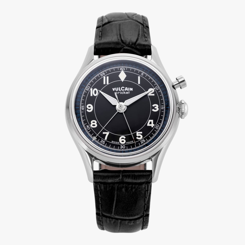 Vulcain Cricket Classique 39 mm - Black & White/Blue Black Alligator (Cites) / Steel Case Back