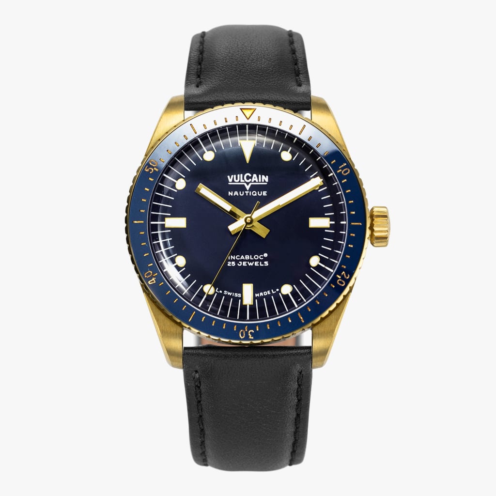 Vulcain Skindiver Nautique – Gold &amp; Blau, Schwarz, schlichte Ausführung