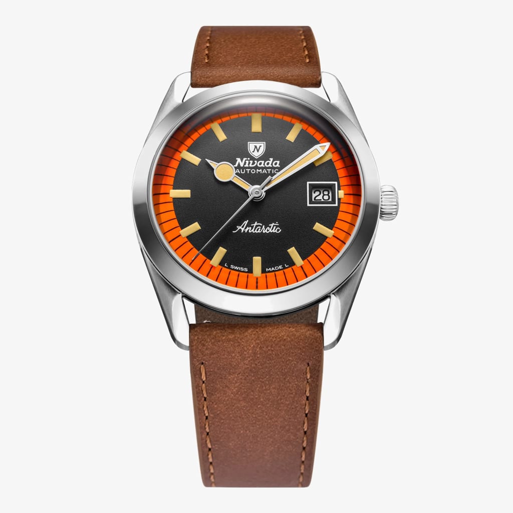 Nivada Super Antarctic Black & Orange - 38mm - Brown Leather / With Date