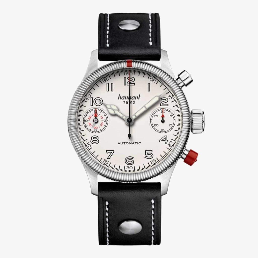 Hanhart Pioneer TwinDicator, antique white, fluted bezel, 45 mm