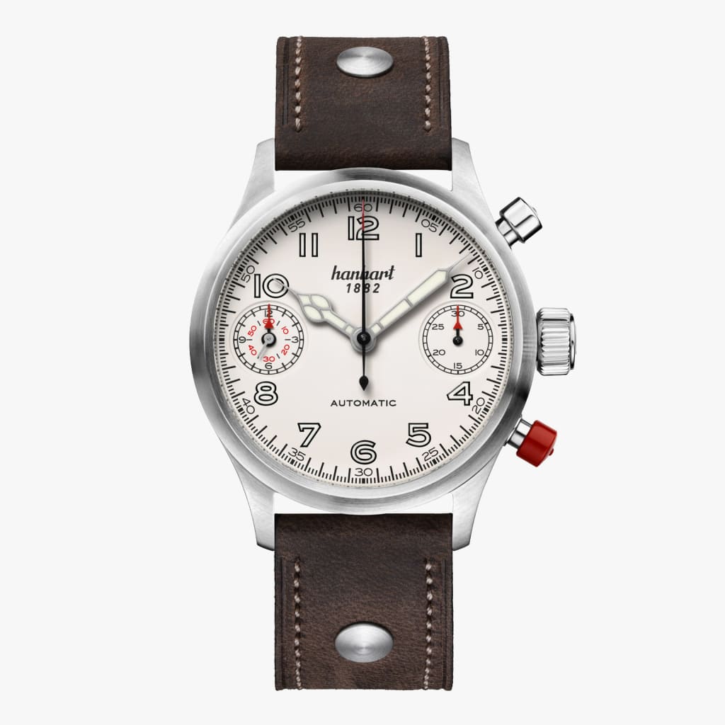 Hanhart Pioneer TwinDicator, antique white, smooth bezel, 45 mm