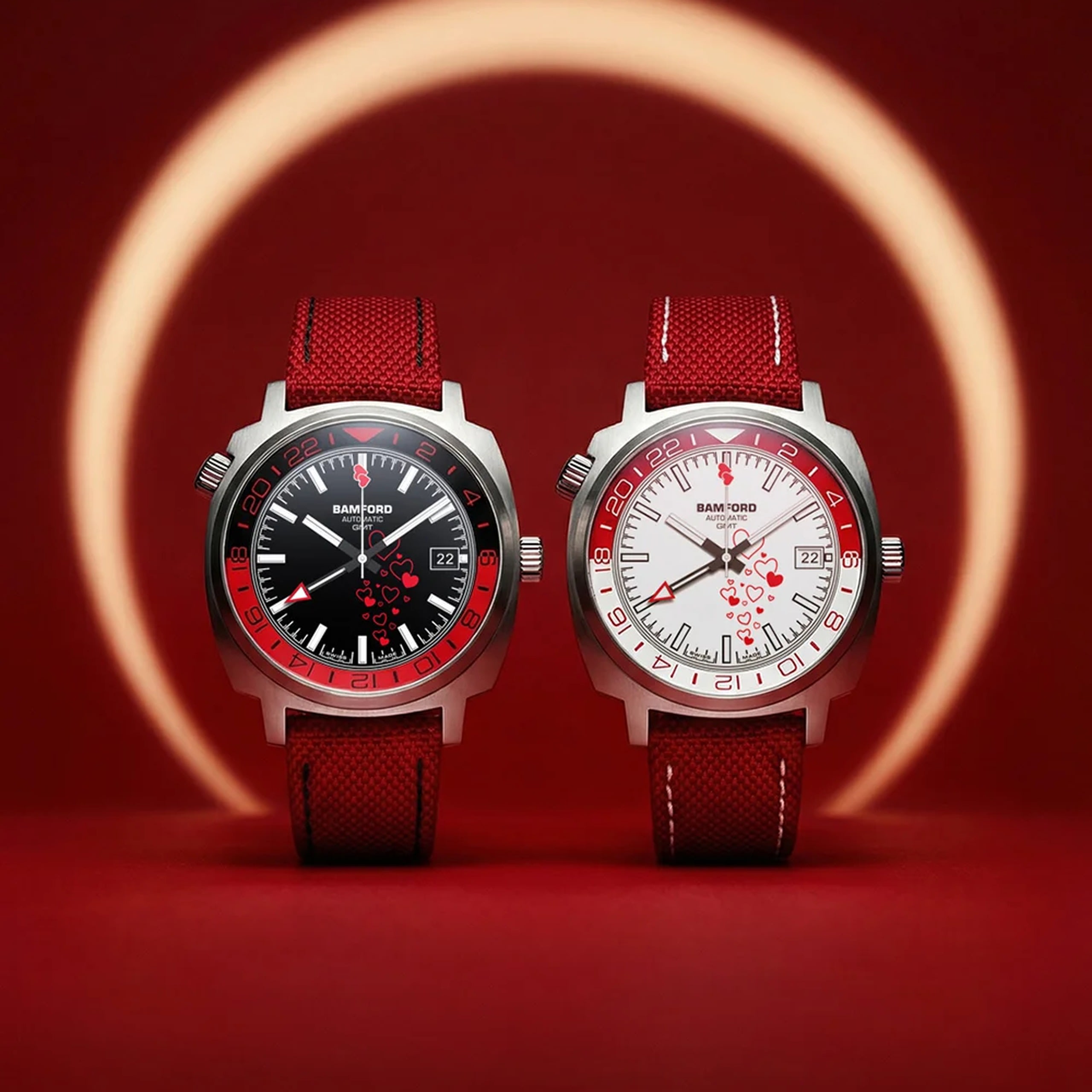 Bamford London GMT Valentine Edition — Black Dial & Red Cordura strap