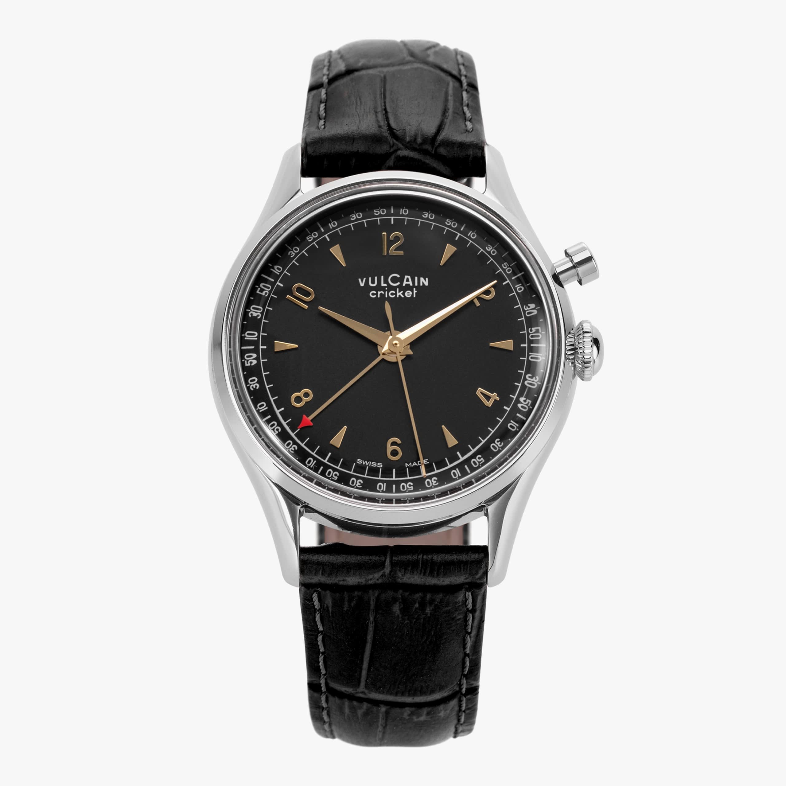 Vulcain Cricket Tradition 39 mm - Black & Gold Black Alligator (Cites) / Sapphire Crystal See Through Case Back