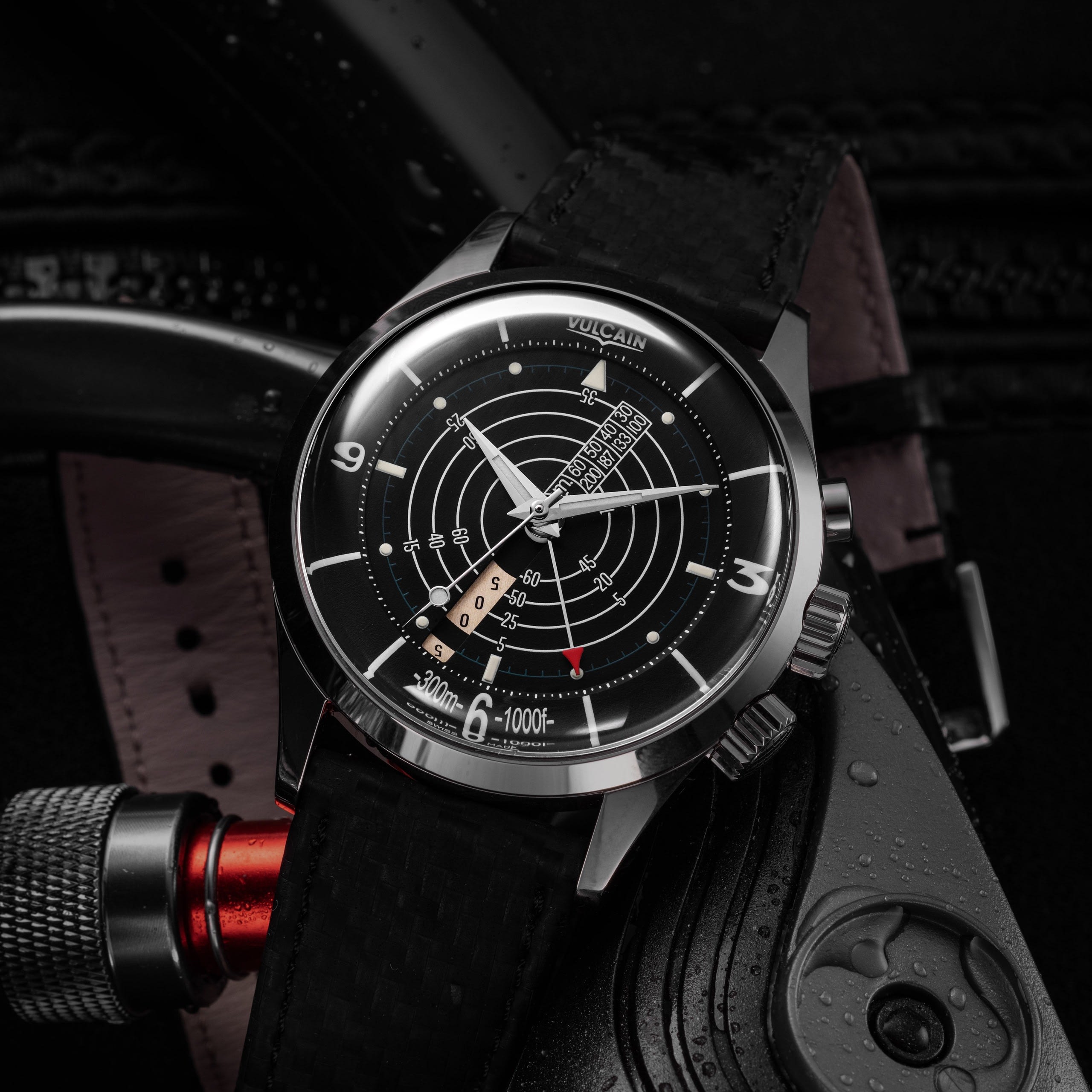 Vulcain Nautical Heritage - Black White Luminova Black Carbon Leather / Plexiglass / Open Caseback