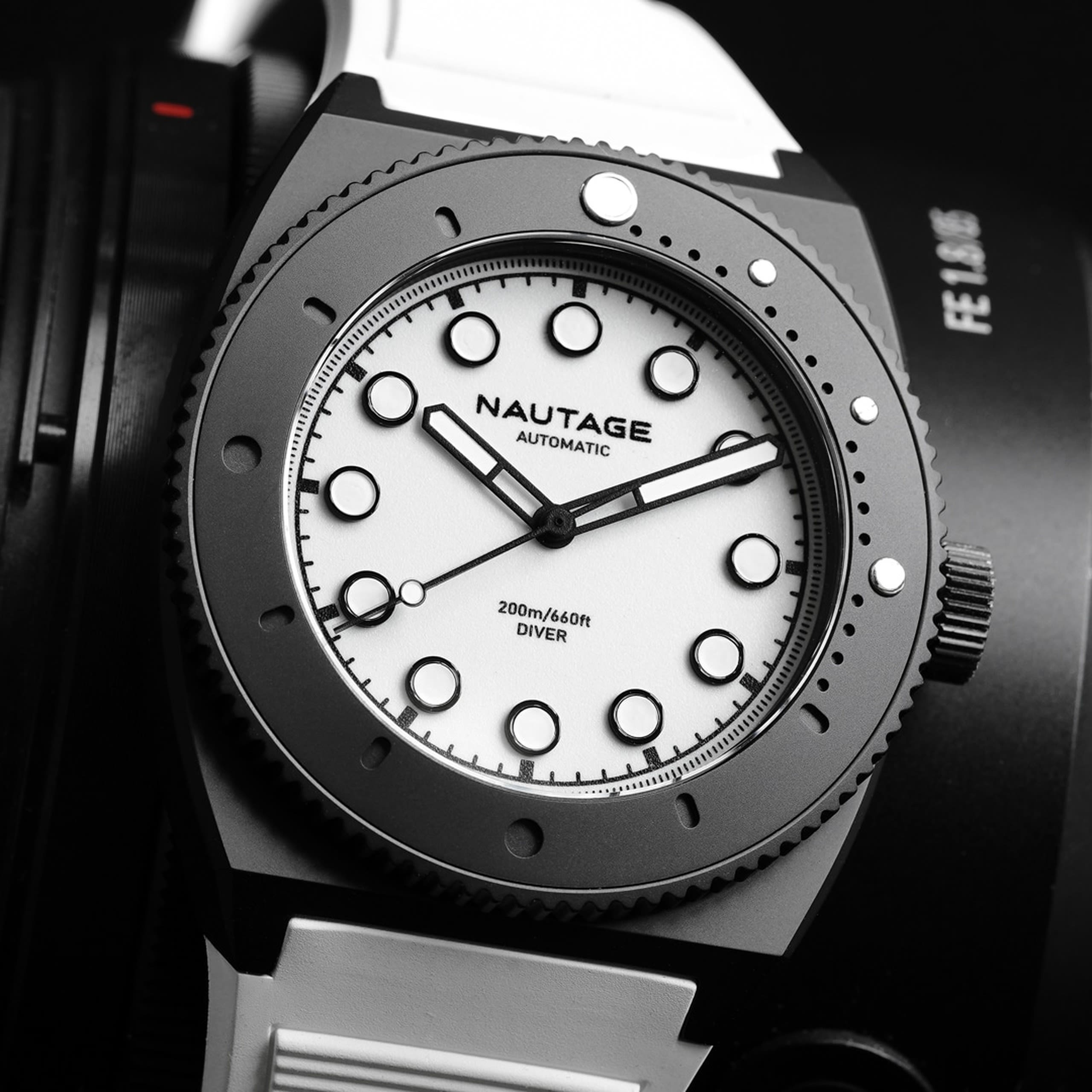 Nautage Diver Black Inverted Lume White Strap