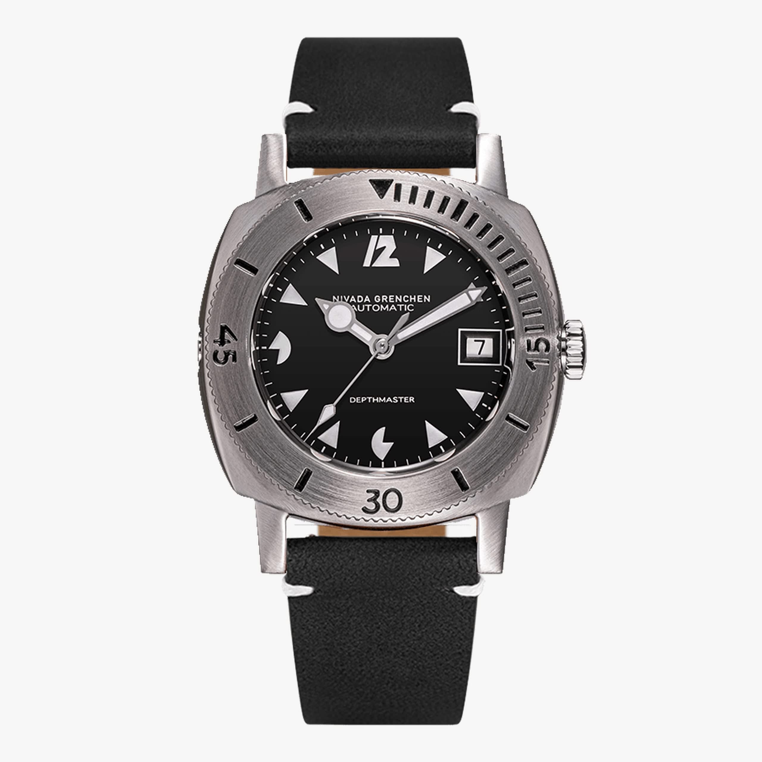 Nivada White Art Deco Date Depthmaster - Brown Leather White Stitching