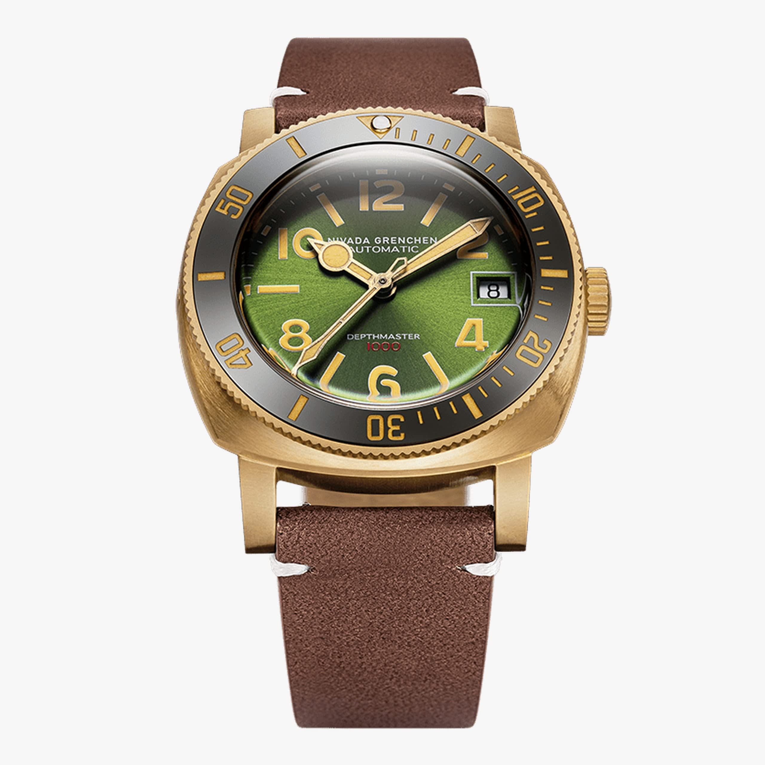 Nivada Depthmaster Bronze Green - Brown Leather White Stitching