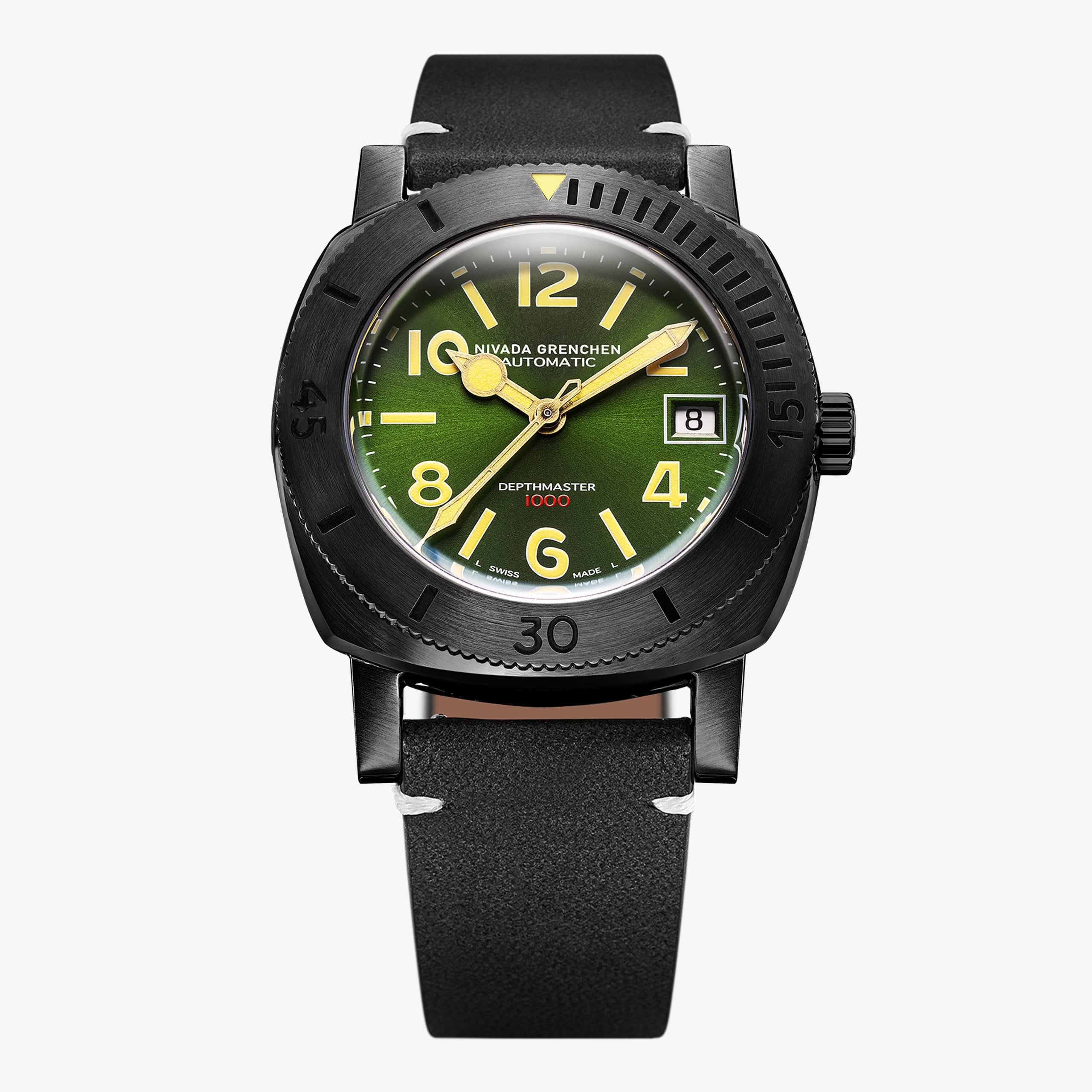 Nivada Depthmaster Numerals - Black & Green - Black Leather White Stitching