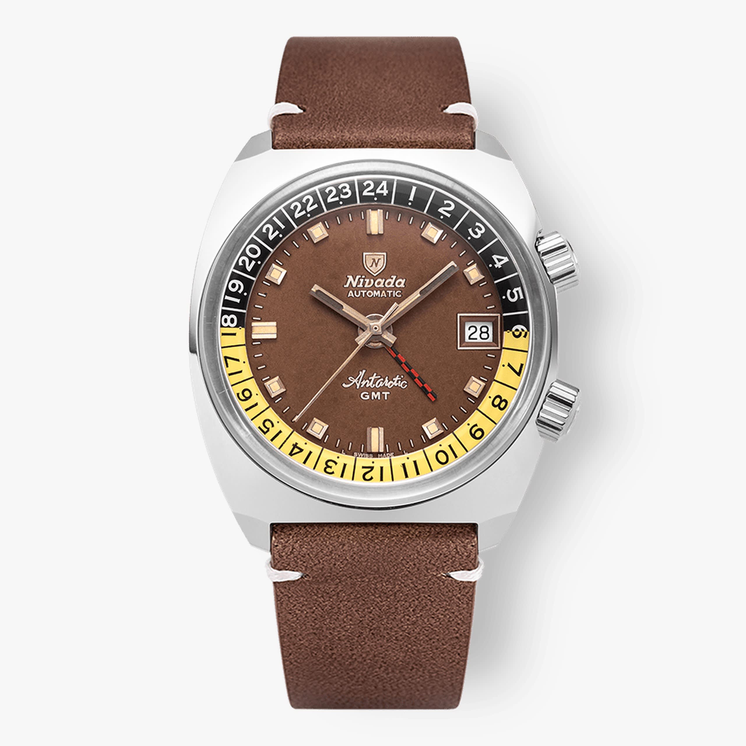 Nivada Antarctic GMT - Tropical - Brown Leather White Stitching