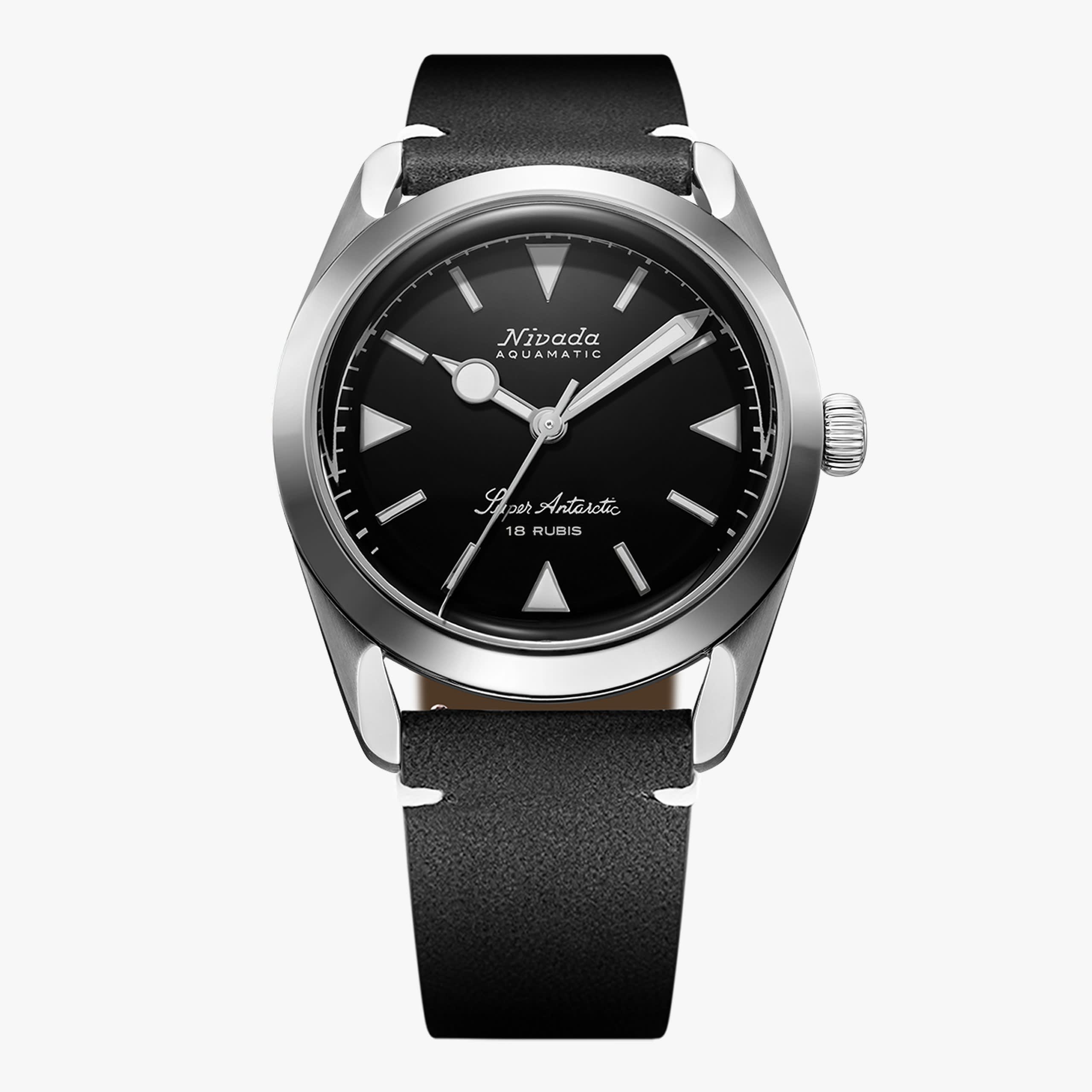 Nivada Super Antarctic Black White Luminova - 35mm - Black Leather White Stitching