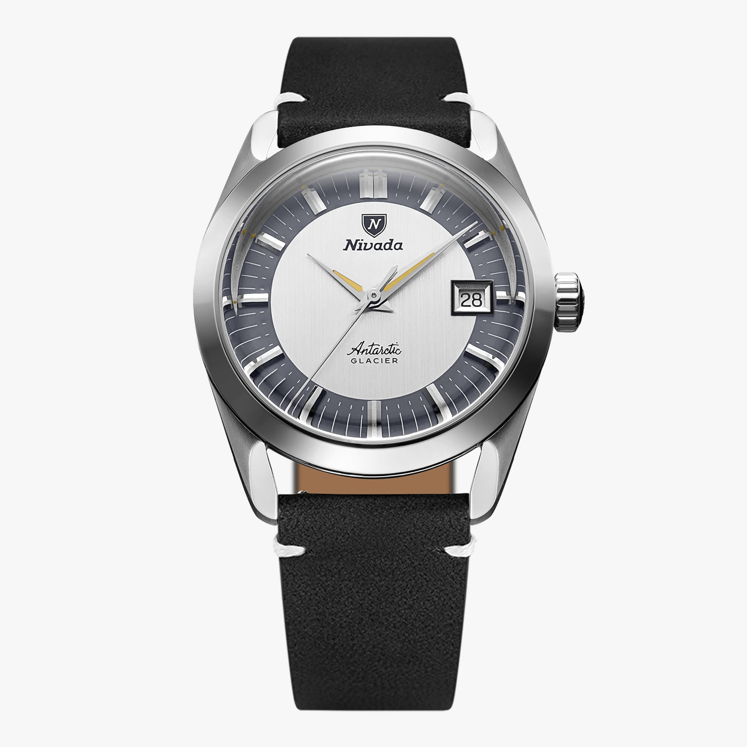 Nivada Antarctic Glacier 35mm - Black leather White Stitching