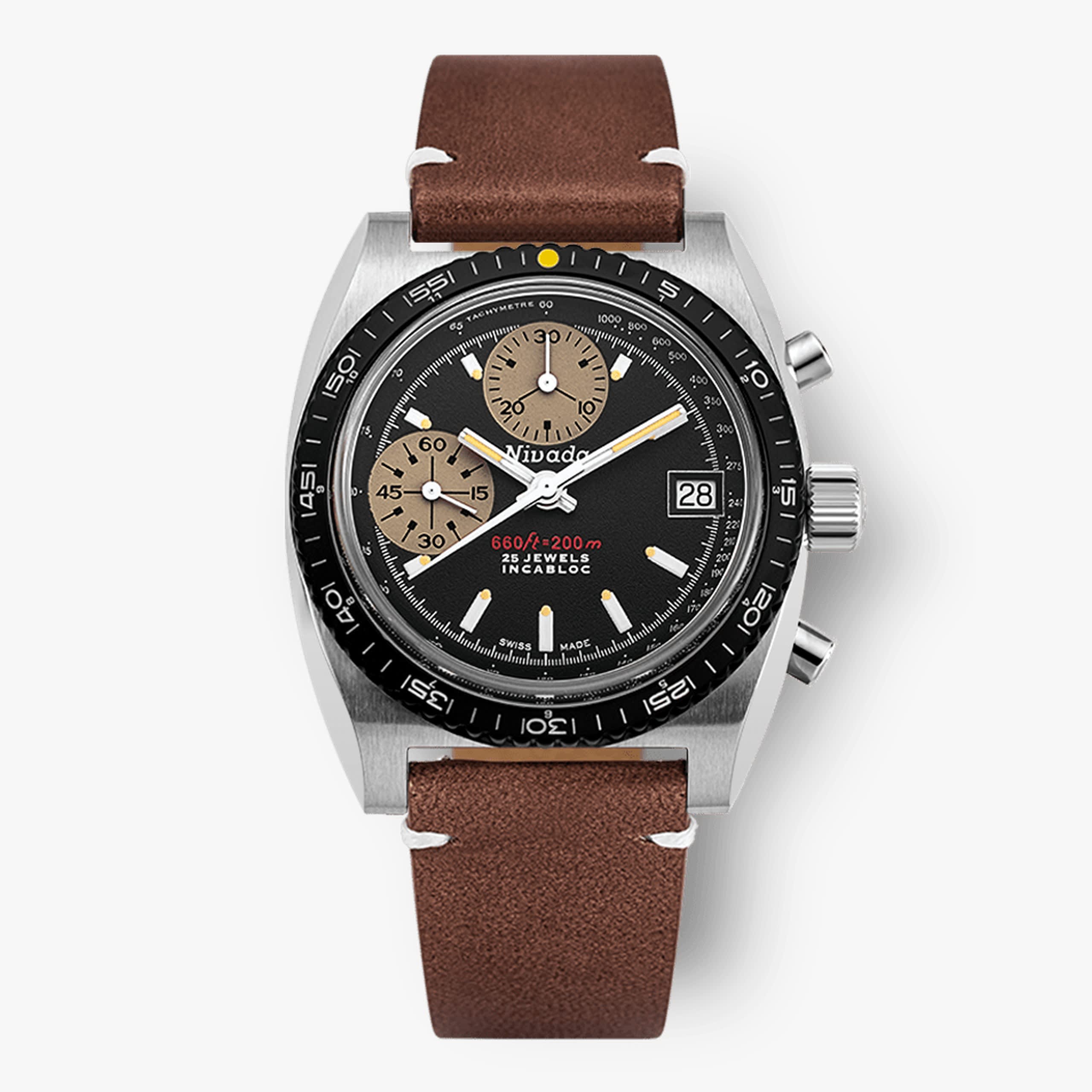 Nivada Autochron Yellow - Brown leather White Stitching