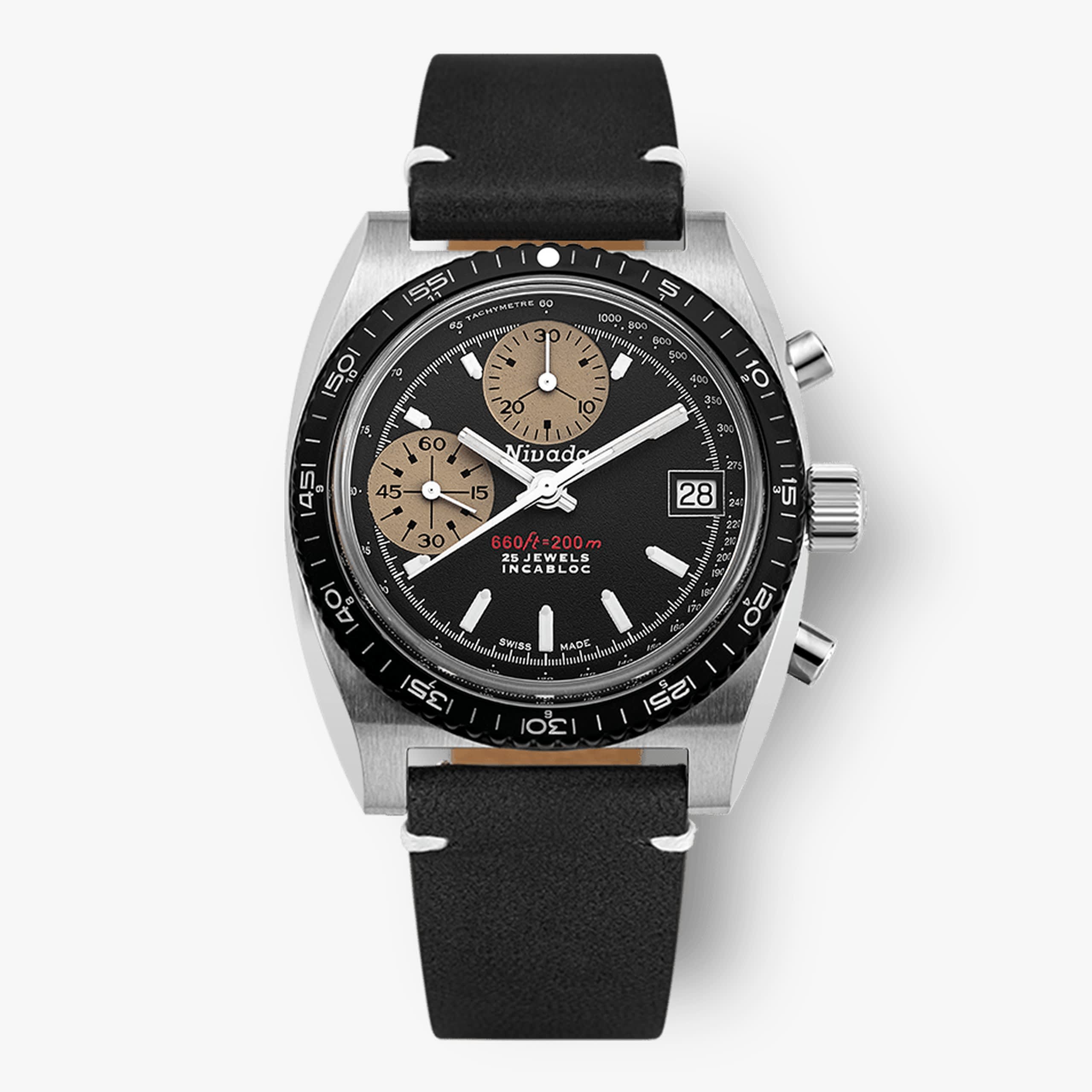 Nivada Autochron White - Black leather White Stitching