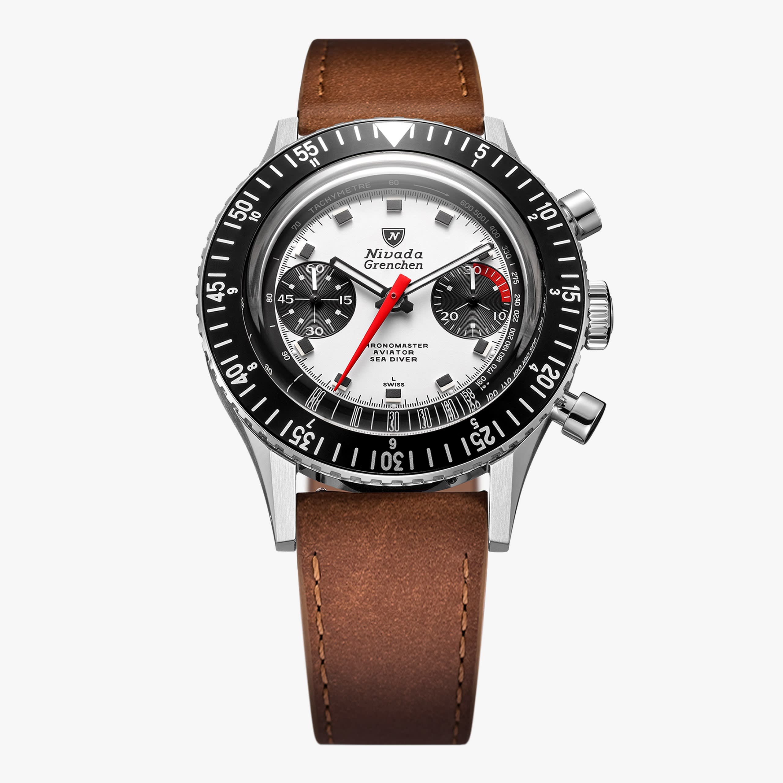 Nivada Chronomaster Panda - 38mm - Brown Leather / Closed Caseback