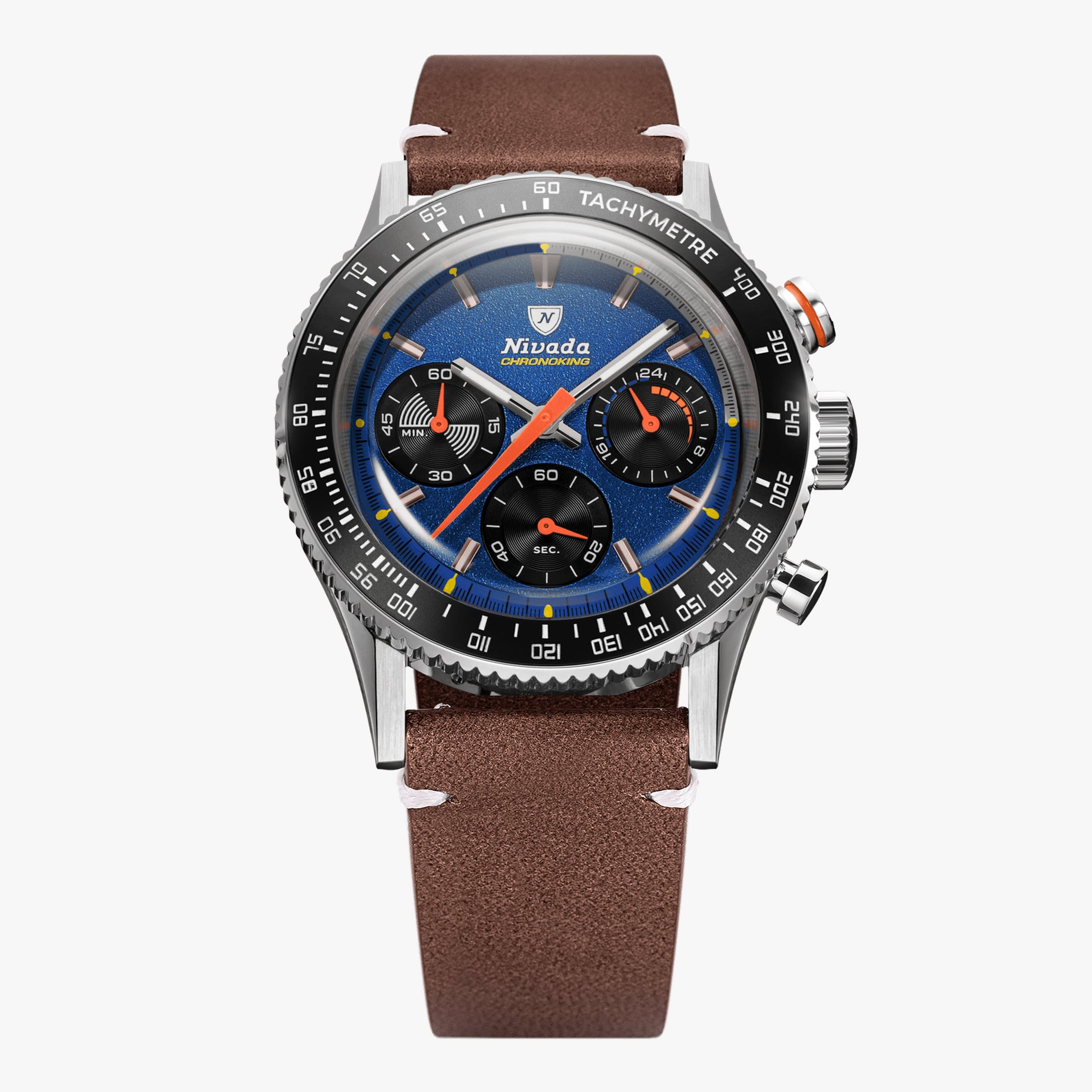 Nivada Chronoking Mecaquartz Racing Blue - Brown leather white stitching