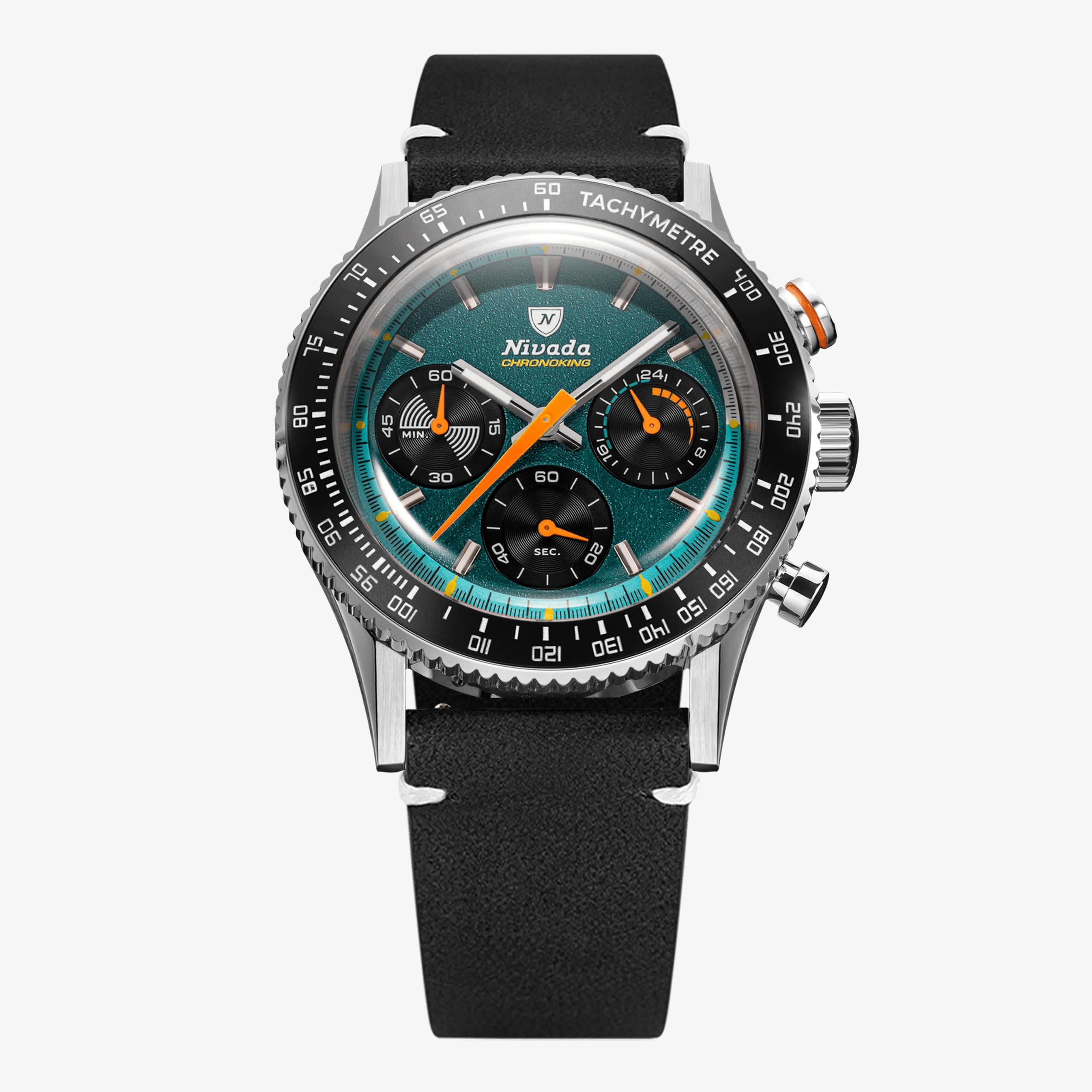 Nivada Chronoking Mecaquartz Racing Green - Black leather white stitching
