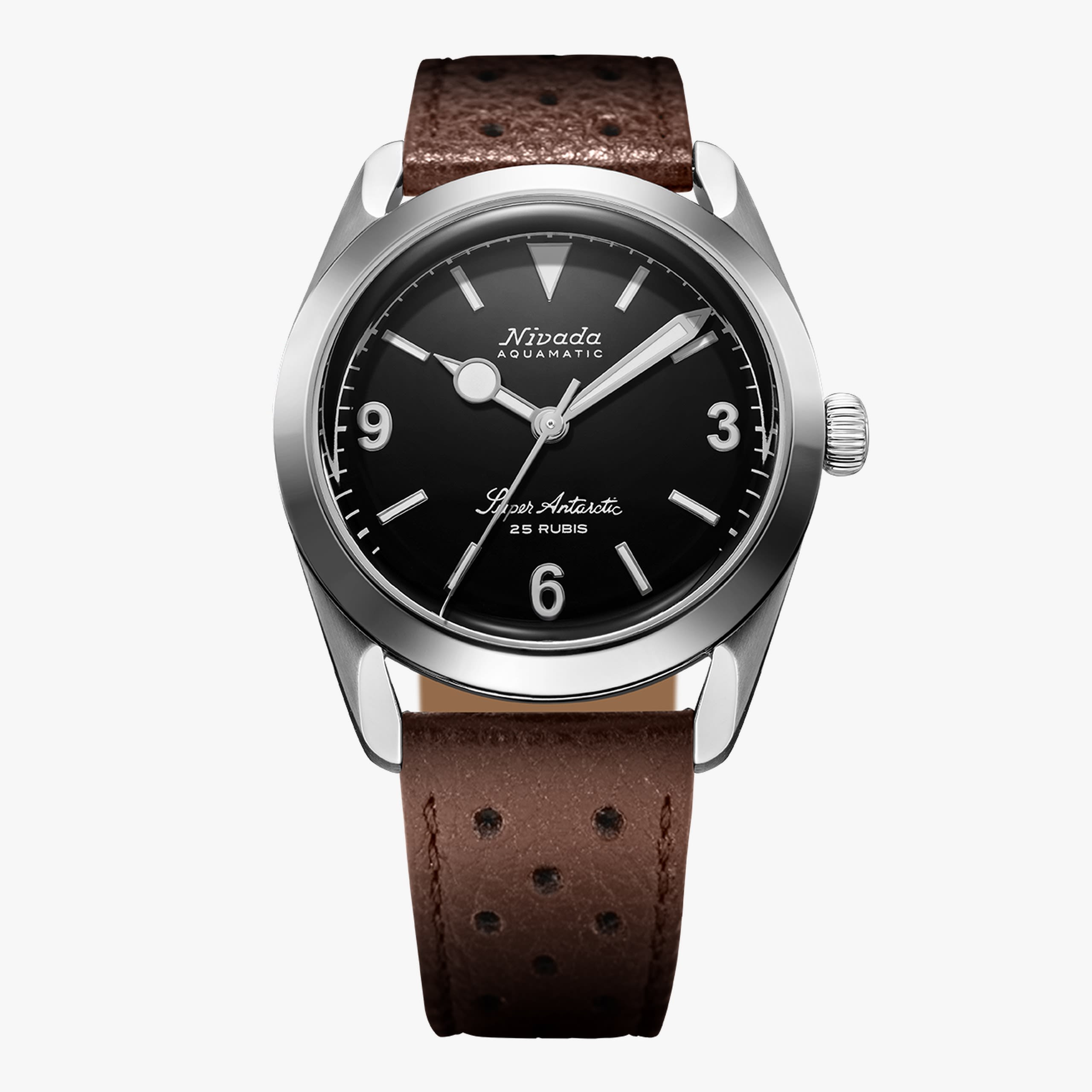 Nivada Super Antarctic 3.6.9 Black NO Vintage Effect - White Luminous - 38mm - Brown Racing strap