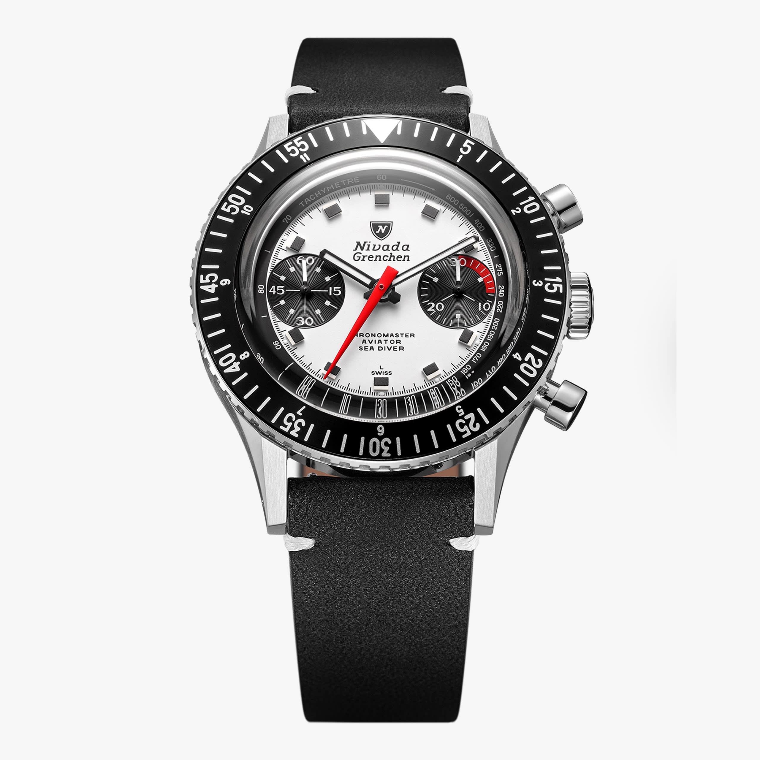 Nivada Chronomaster Panda - 38mm - Black Leather White Stitching / Closed Caseback