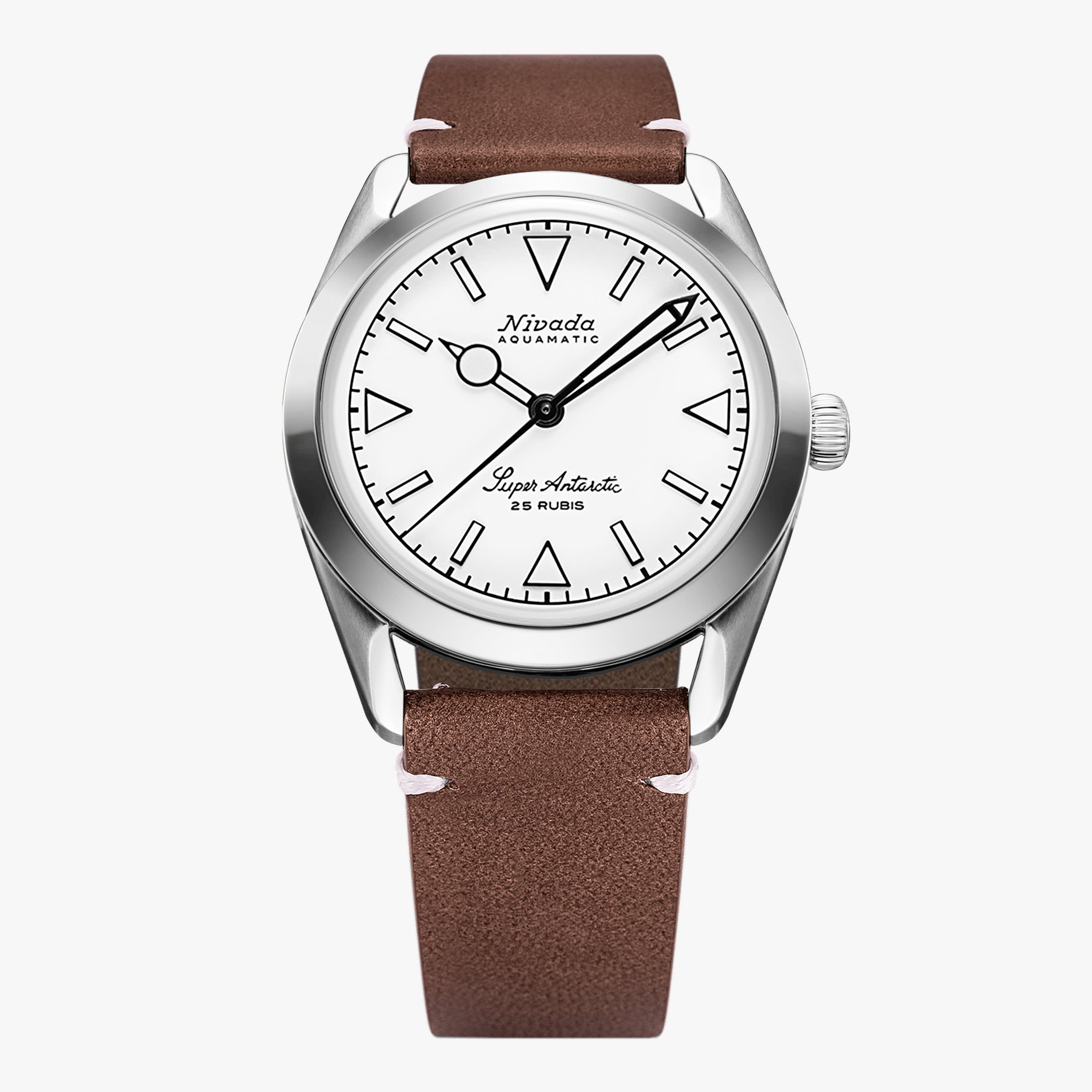 Nivada Super Antarctic White Luminous - 38mm - Brown Leather White Stitching