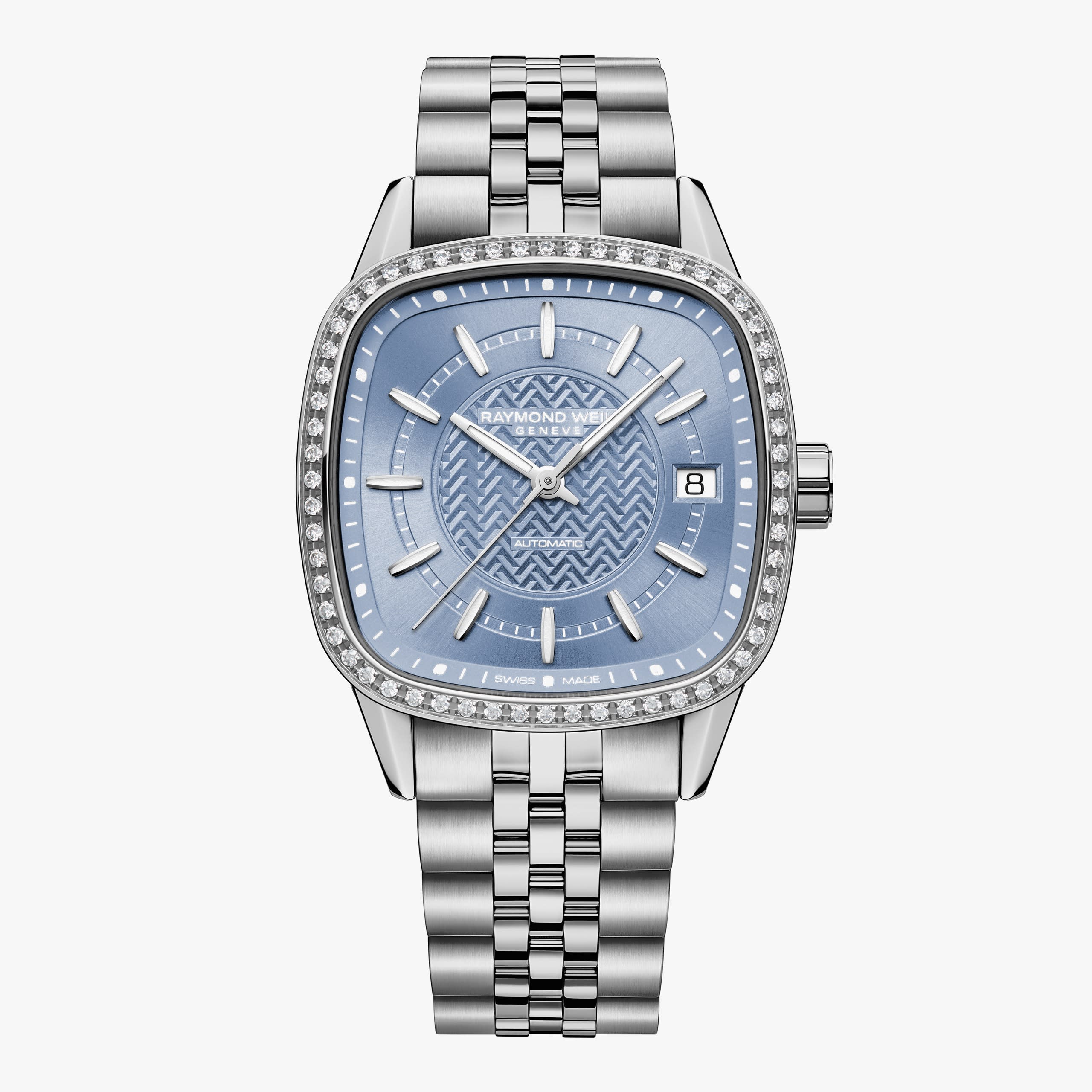 Raymond Weil Freelancer Ladies Automatic Ice Blue Dial Bracelet Cushion Shape Watch, 34 x