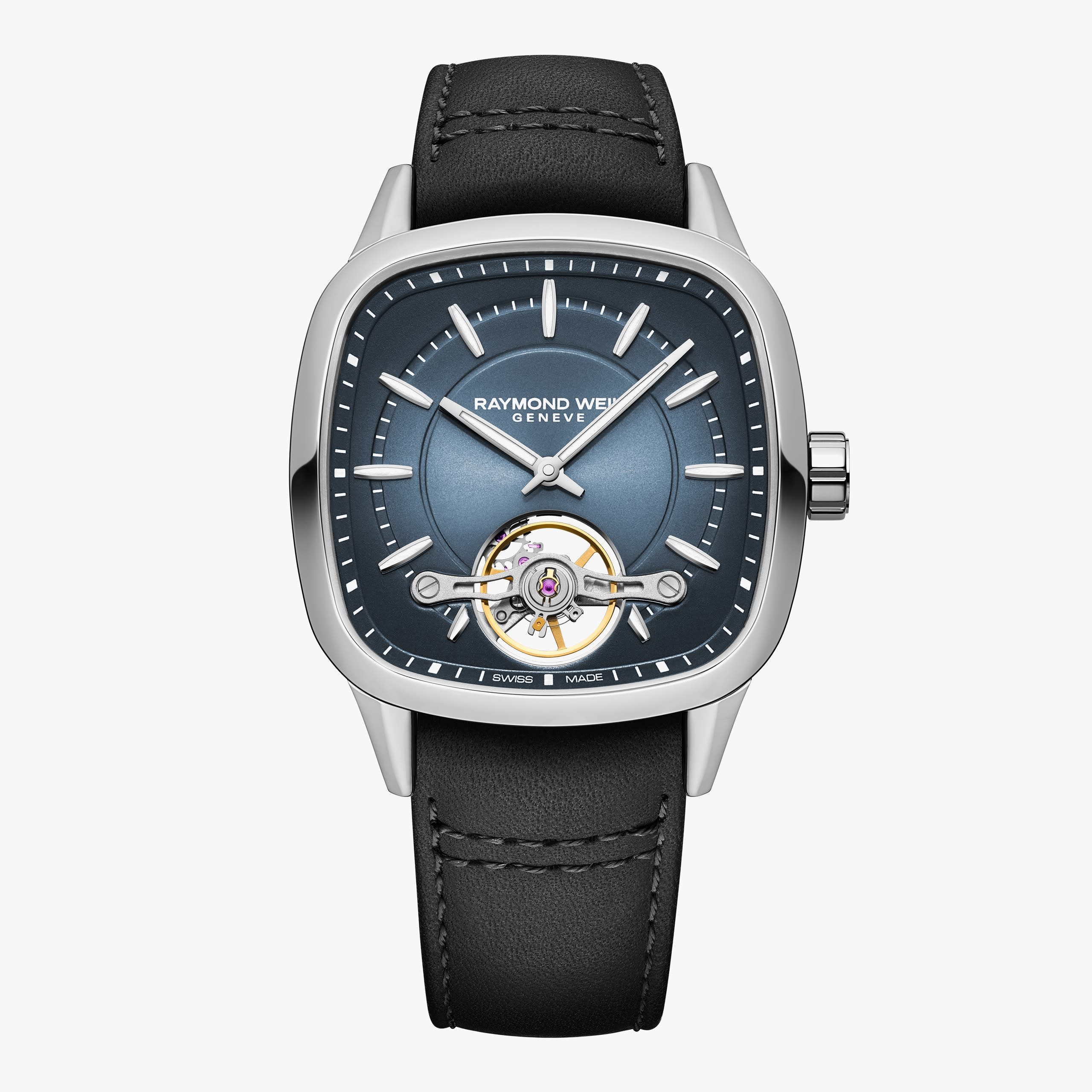 Raymond Weil Freelancer Calibre RW1212 Men's Automatic Black Leather Strap Cushion Shape Watch, 40 x