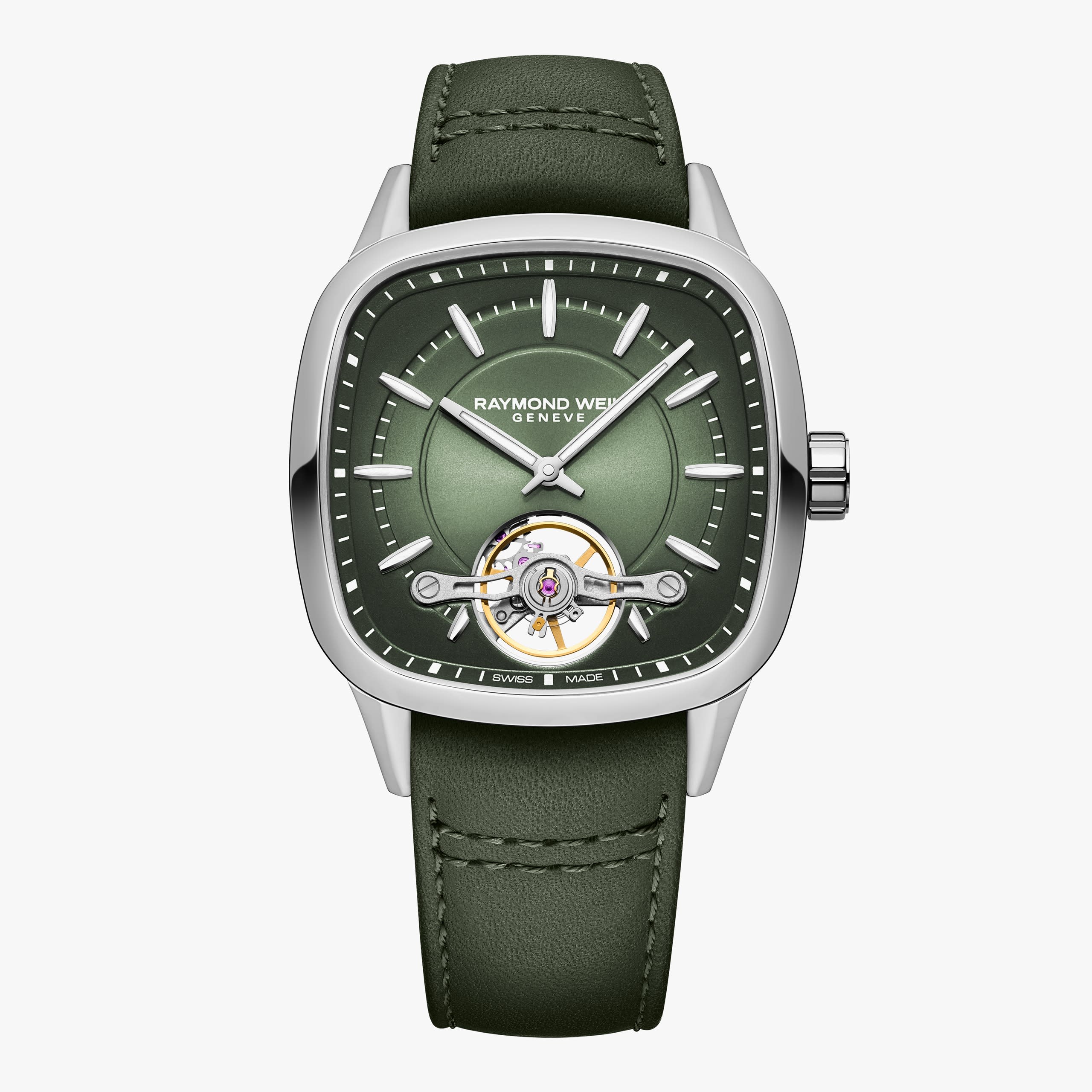 Raymond Weil Freelancer Calibre RW1212 Men's Automatic Green Leather Strap Cushion Shape Watch, 40 x