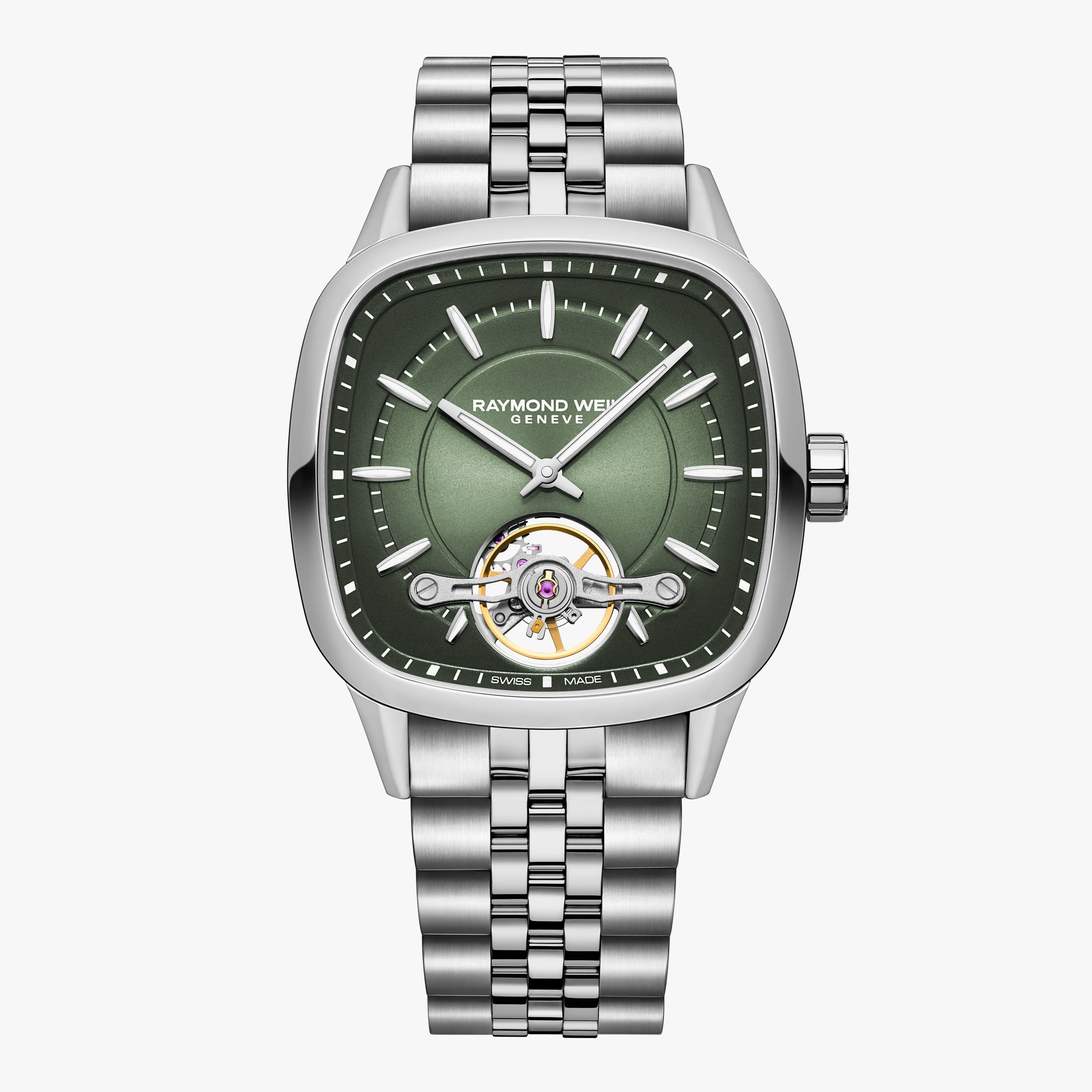 Raymond Weil Freelancer Calibre RW1212 Men's Automatic Green Steel Cushion Shape Watch, 40 x