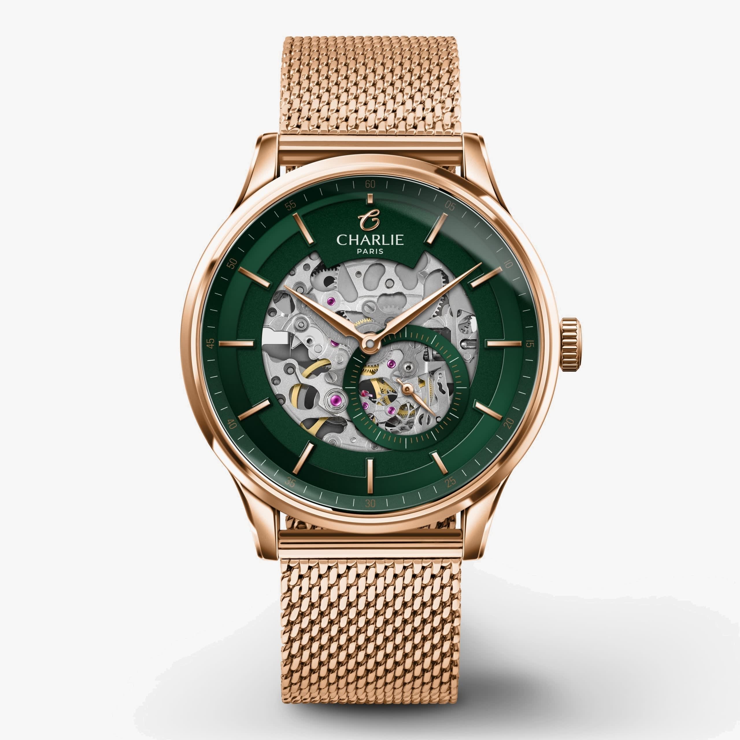 Charlie Paris Initial - Skeleton - Green & Rose gold