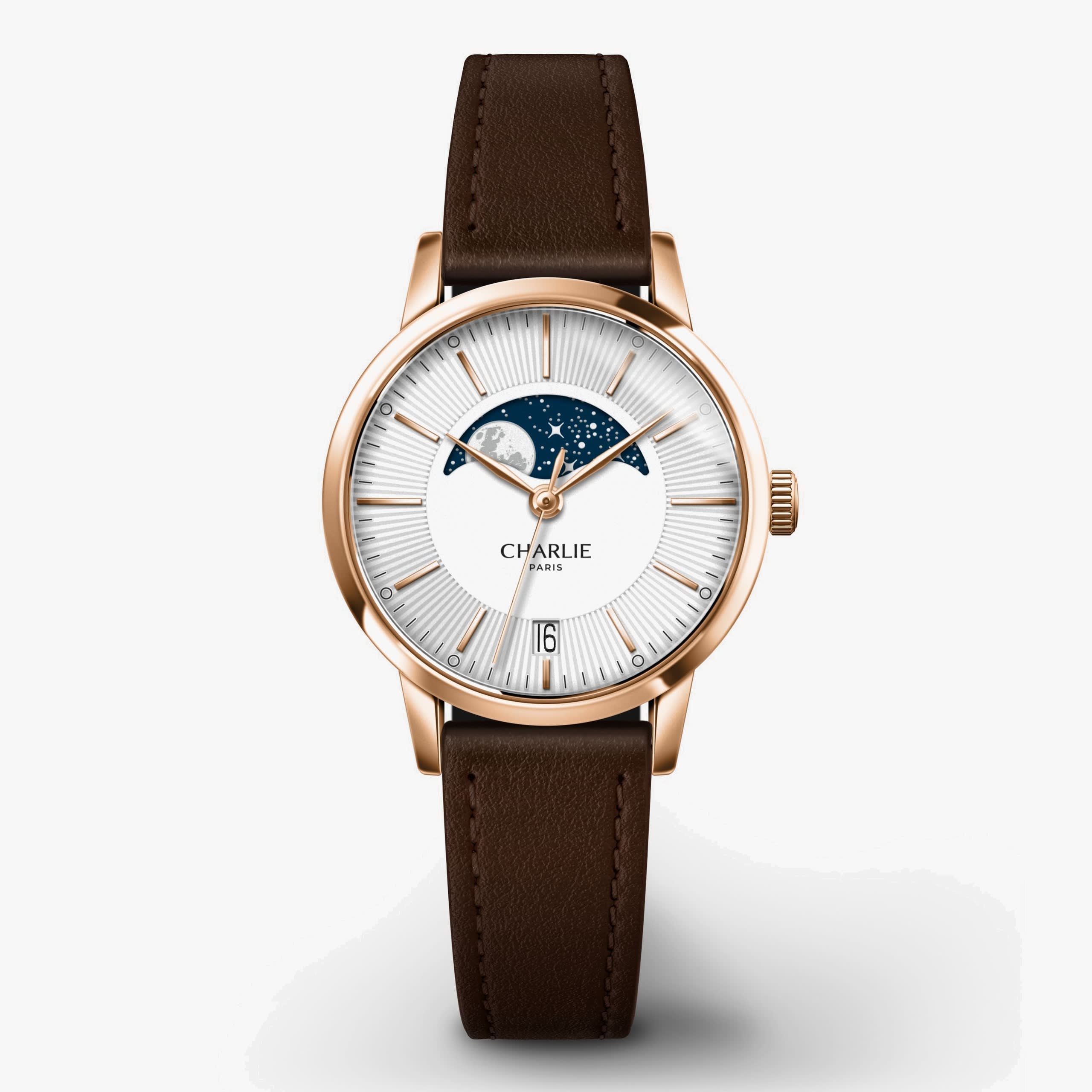 Charlie Paris Sully - Moon Phase - Rose gold - Piel chocolate