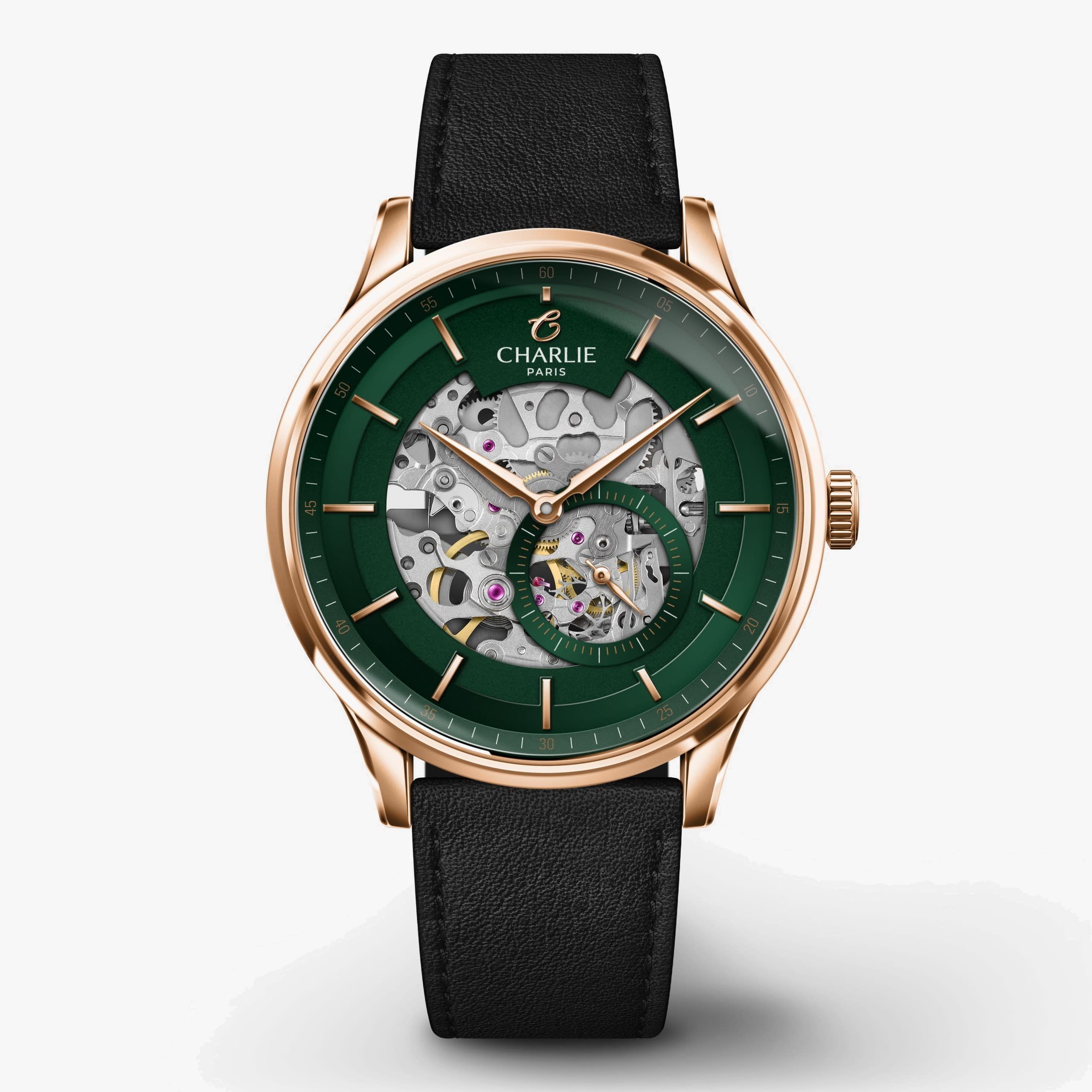 Charlie Paris Initial - Skeleton - Green & Rose gold - Piel negro