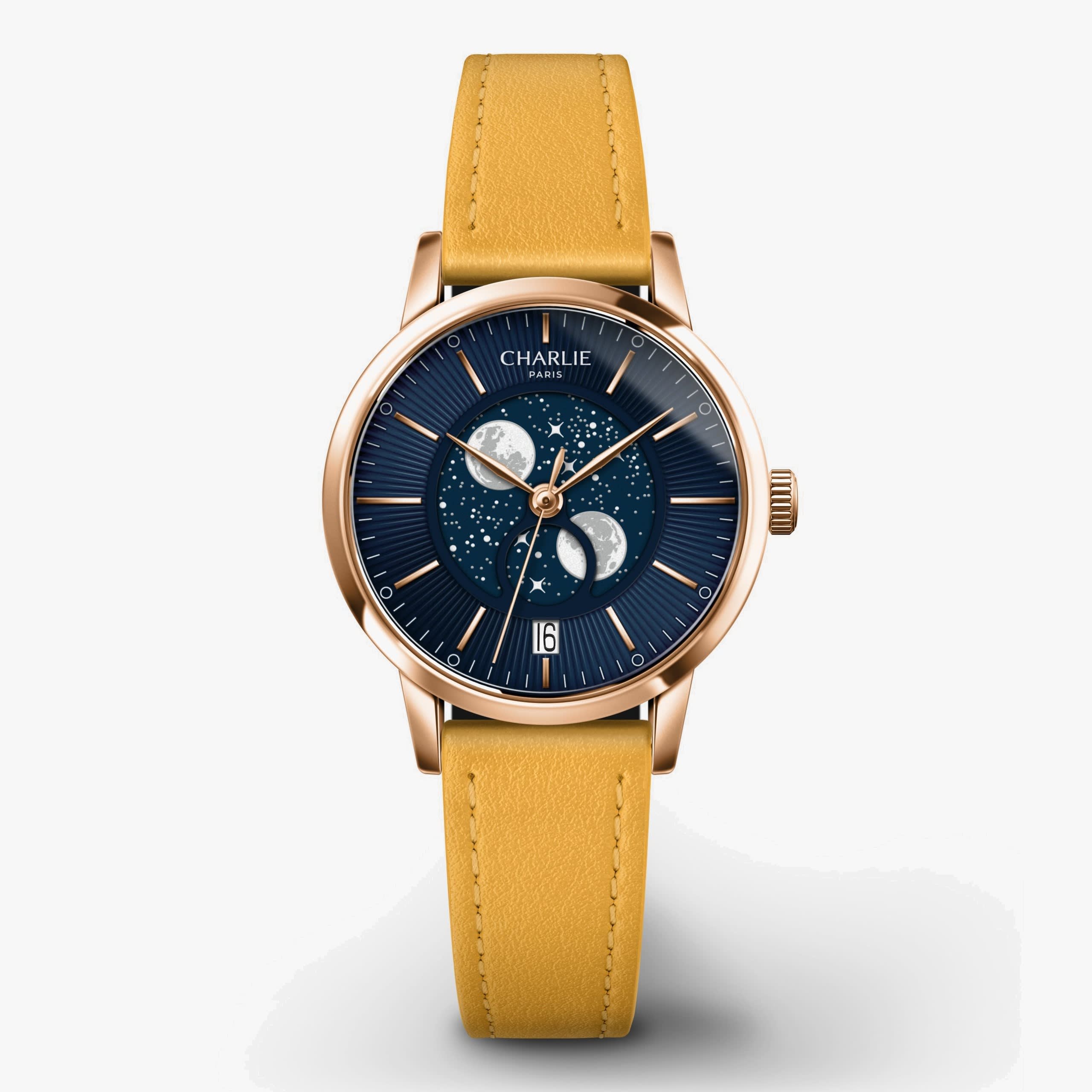 Charlie Paris Sully - Moon Phase - Rose gold & Blue - Piel amarillo toscan