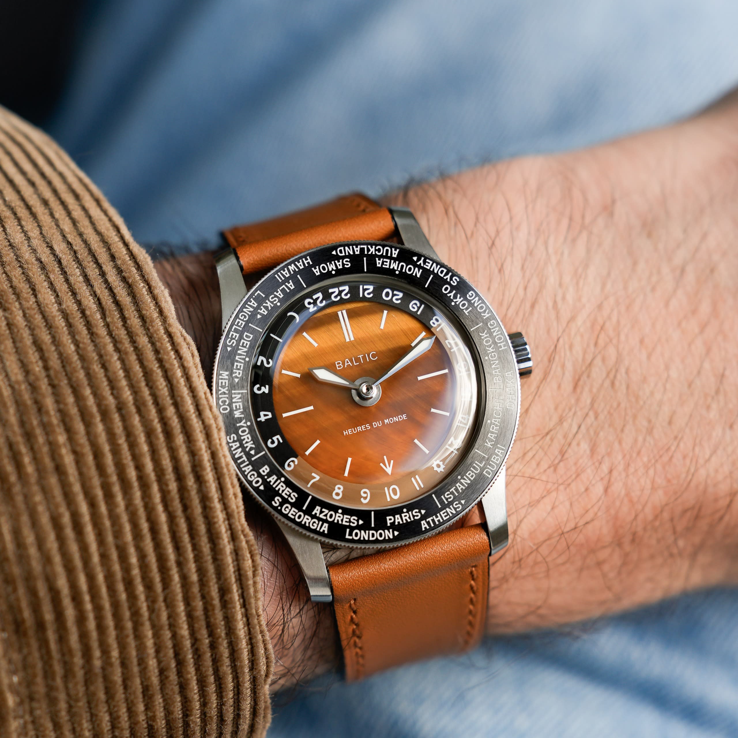 Baltic Heures du Monde - Worldtimer - Tiger Eye - Cuir Cognac