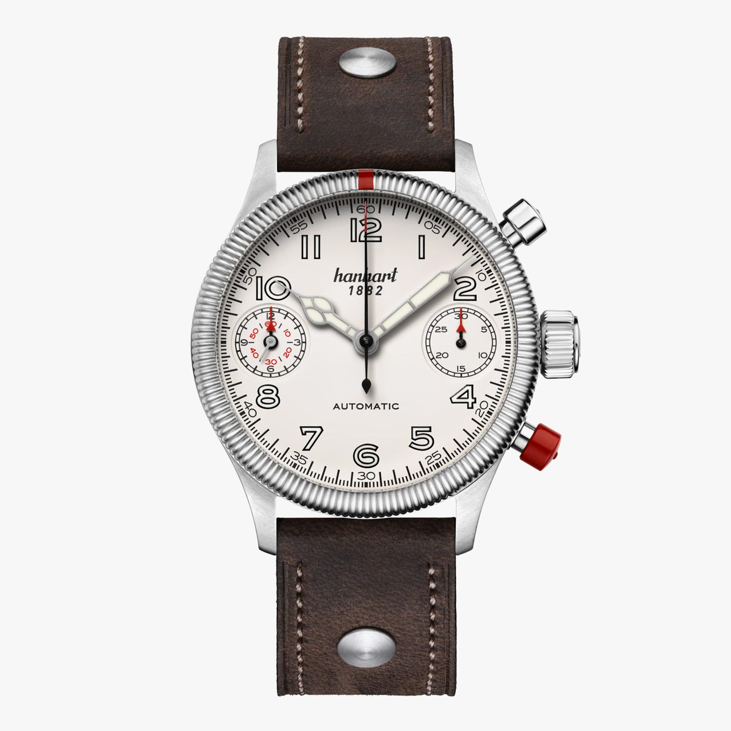 Hanhart Pioneer TwinDicator, antique white, fluted bezel, 45 mm