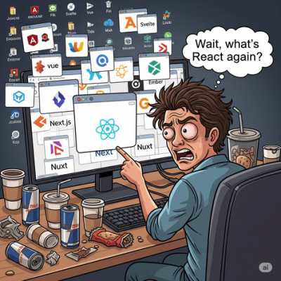 A meme of a developer surrounded by a mountain of frameworks
