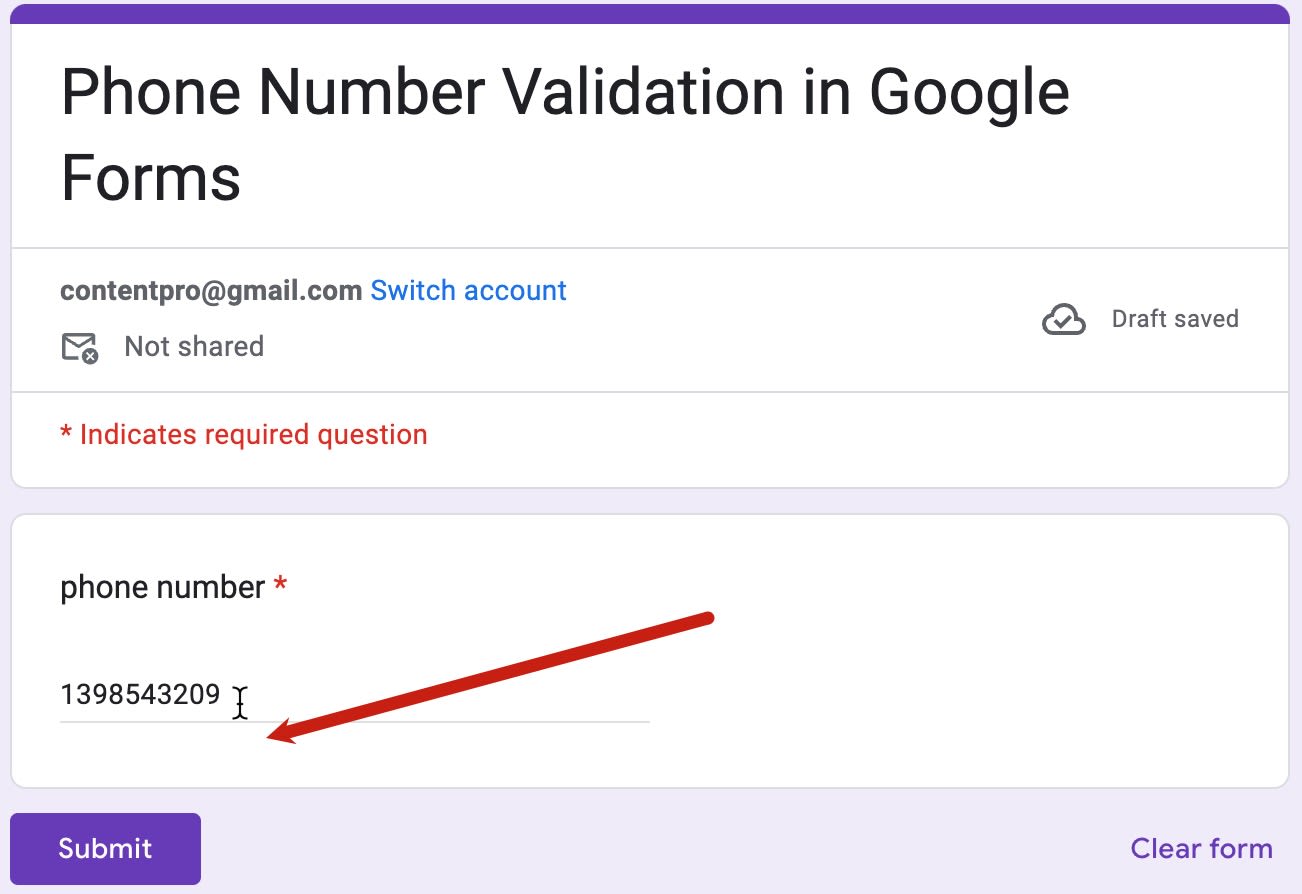 Screenshot showing no error message if a valid phone number is entered