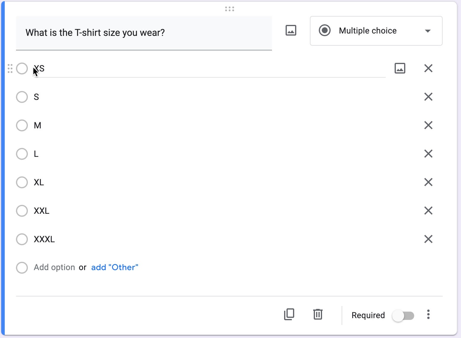 Screenshot showing options for multiple choice option