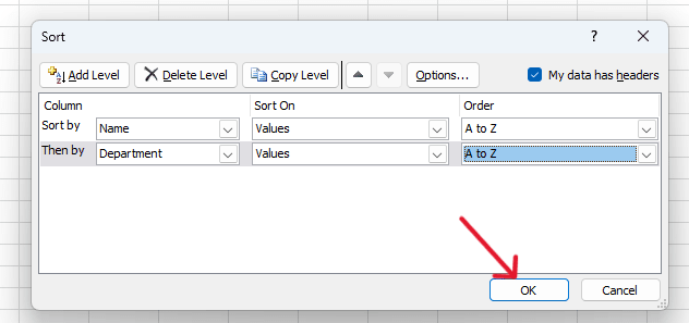 red arrow pointing to ‘OK’ button to apply the sort