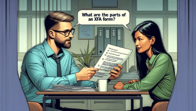 Digital illustration of two people sitting on a desk and one of them asking what are the parts of an xfa form